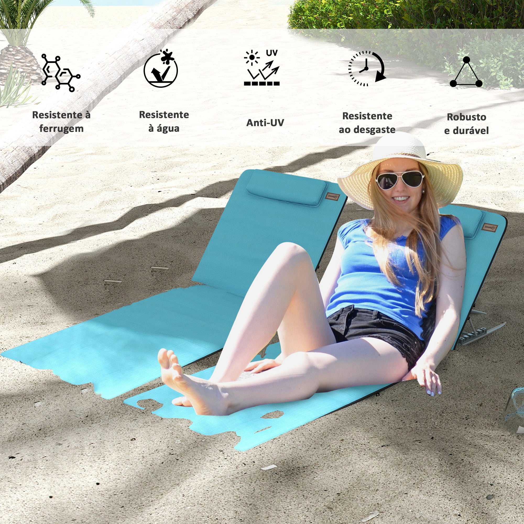 Esteiras de Praia com Encosto Reclinável em 5 Níveis 48x134x33-43 cm - Azul