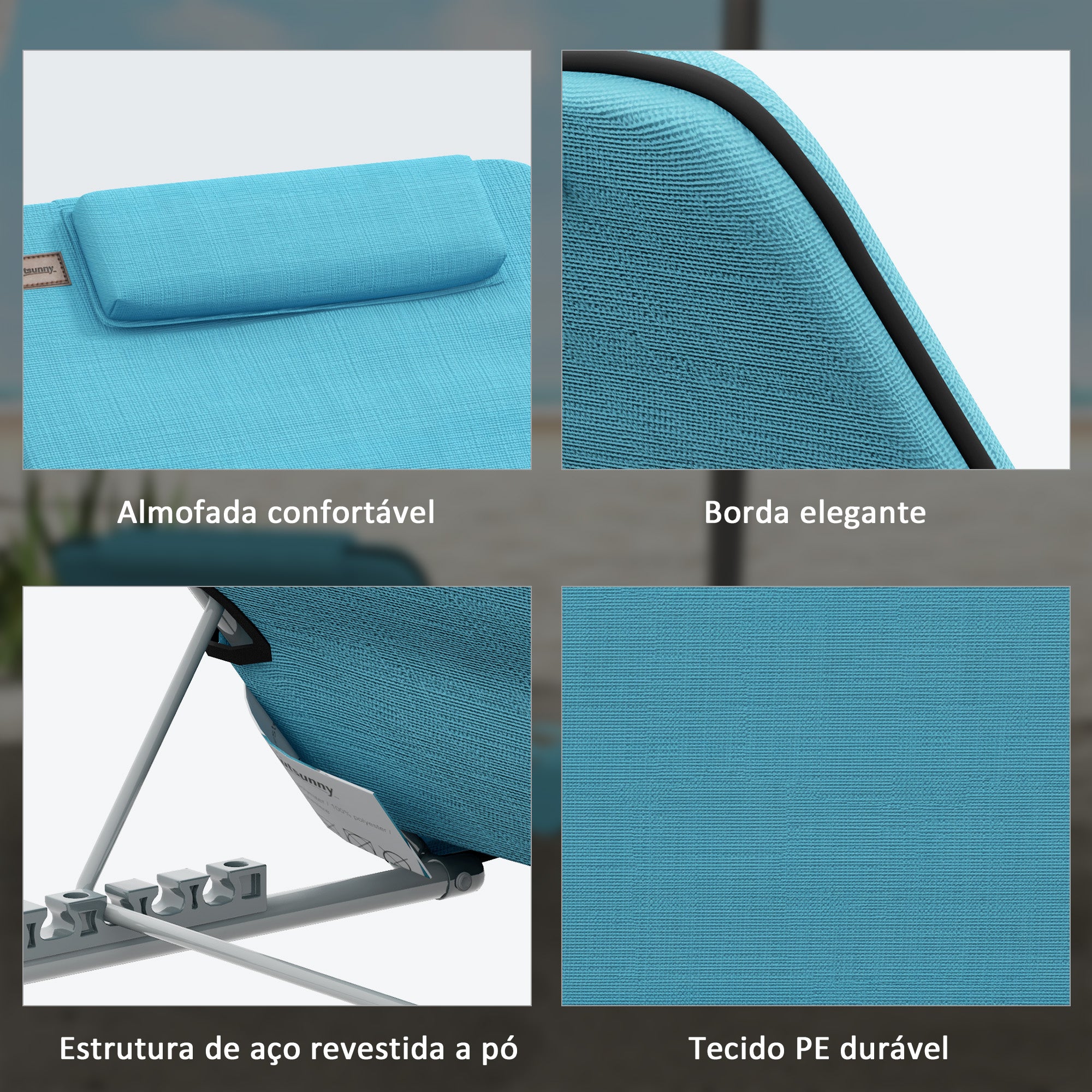 Esteiras de Praia com Encosto Reclinável em 5 Níveis 48x134x33-43 cm - Azul
