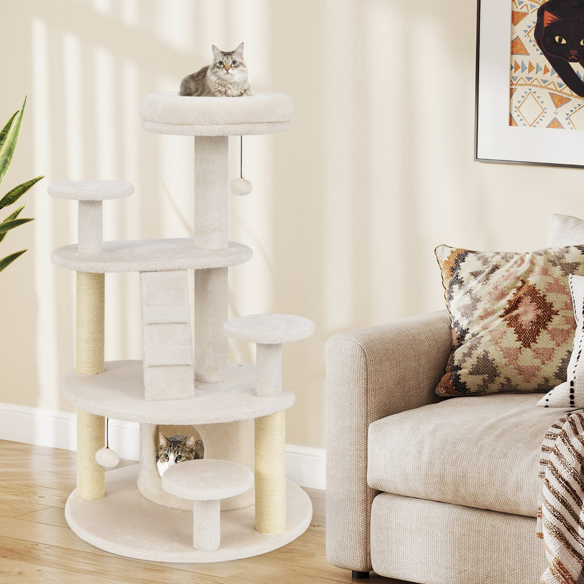 Torre para Gatinhos Multinível com Condomínio Percha Acolchoada Postes para Arranhar Plataformas de Salto Escada 64 x 60 x 101 cm Branco