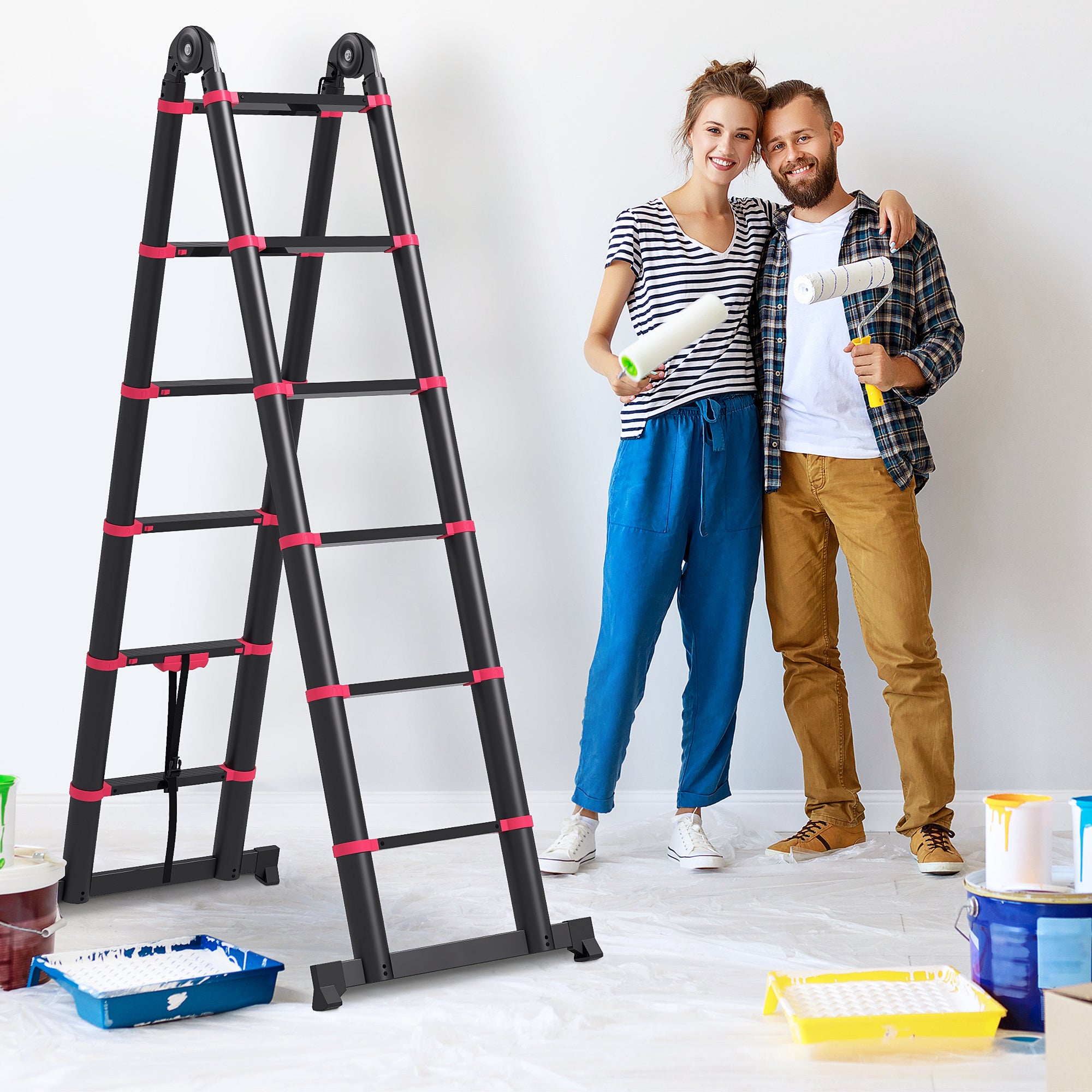 Escada Telescópica – 67,5x11x379 cm – Preto e Vermelho – Alumínio