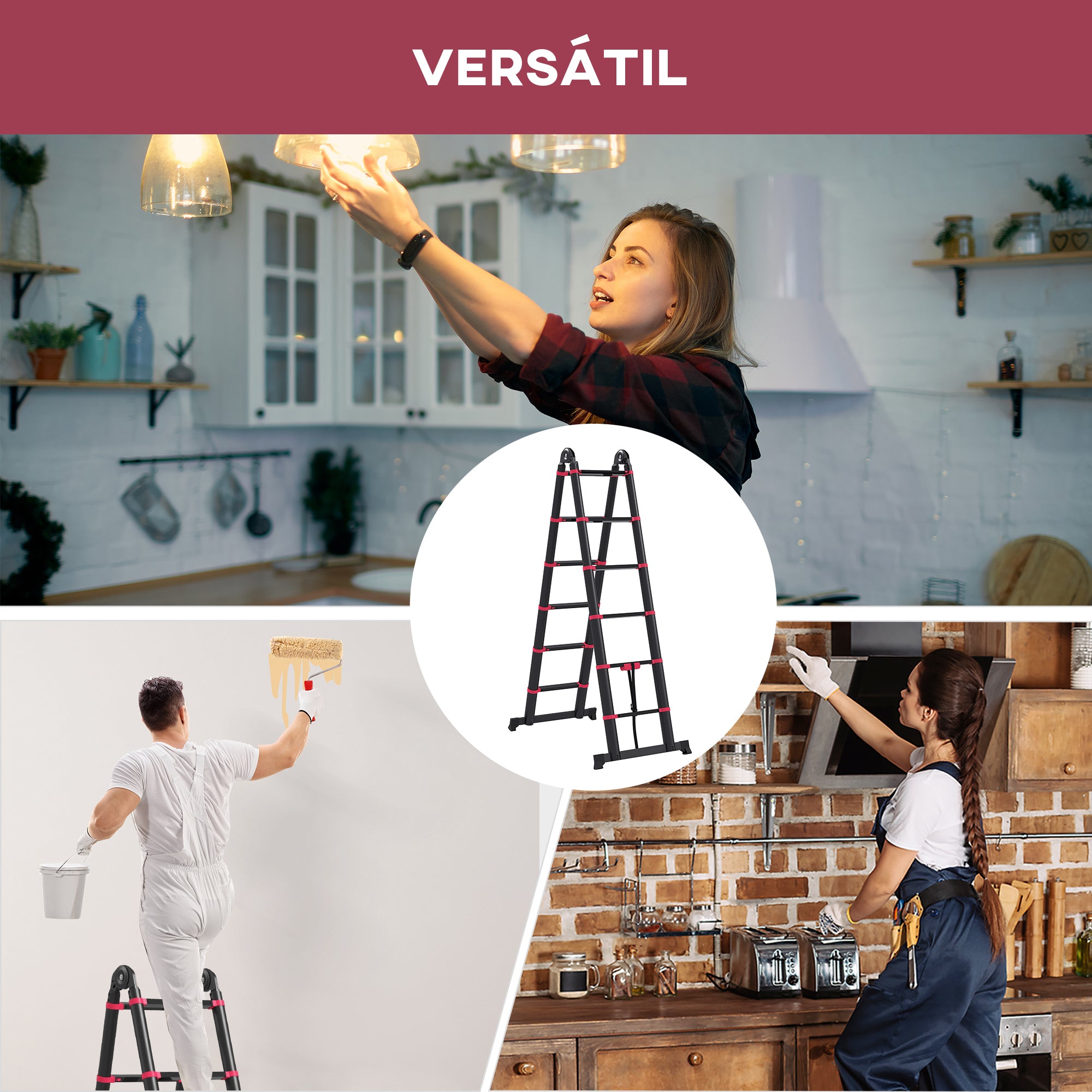 Escada Telescópica – 67,5x11x379 cm – Preto e Vermelho – Alumínio