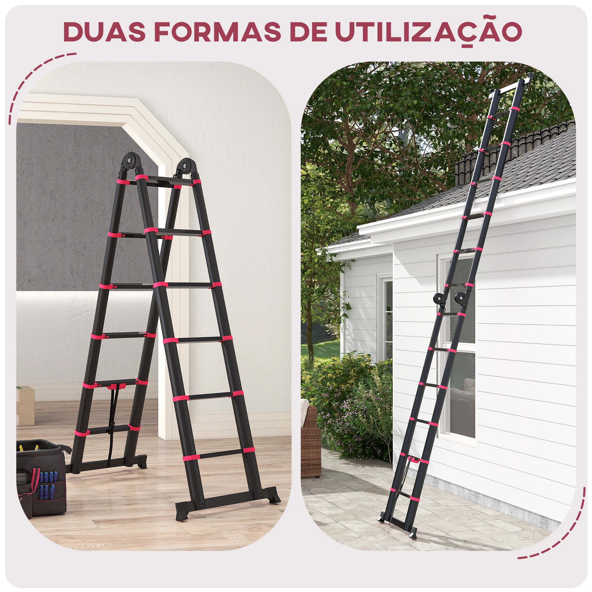 Escada Telescópica – 67,5x11x379 cm – Preto e Vermelho – Alumínio