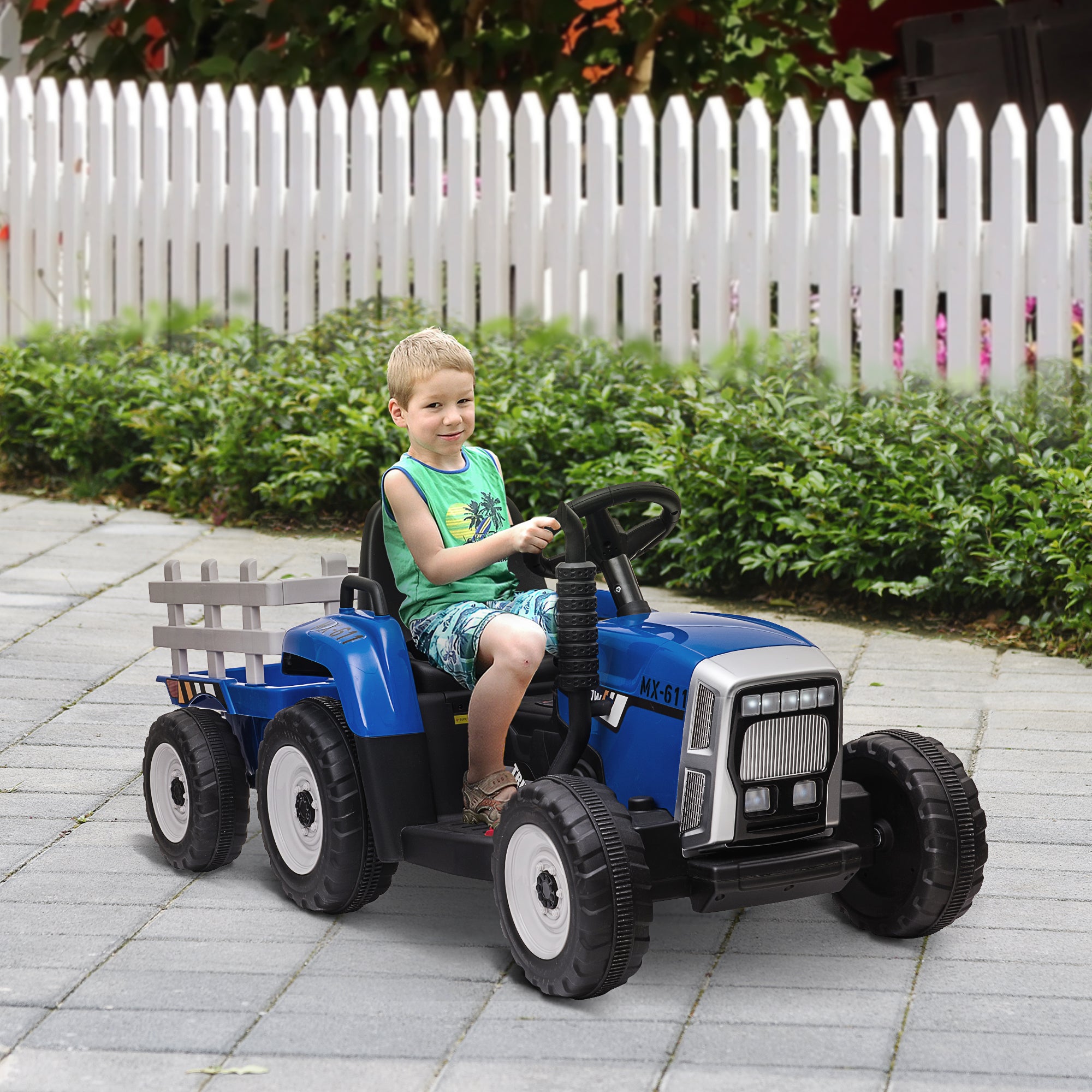Trator Elétrico com Reboque Azul 136,5x50x52,5 cm para Crianças 3-6 Anos