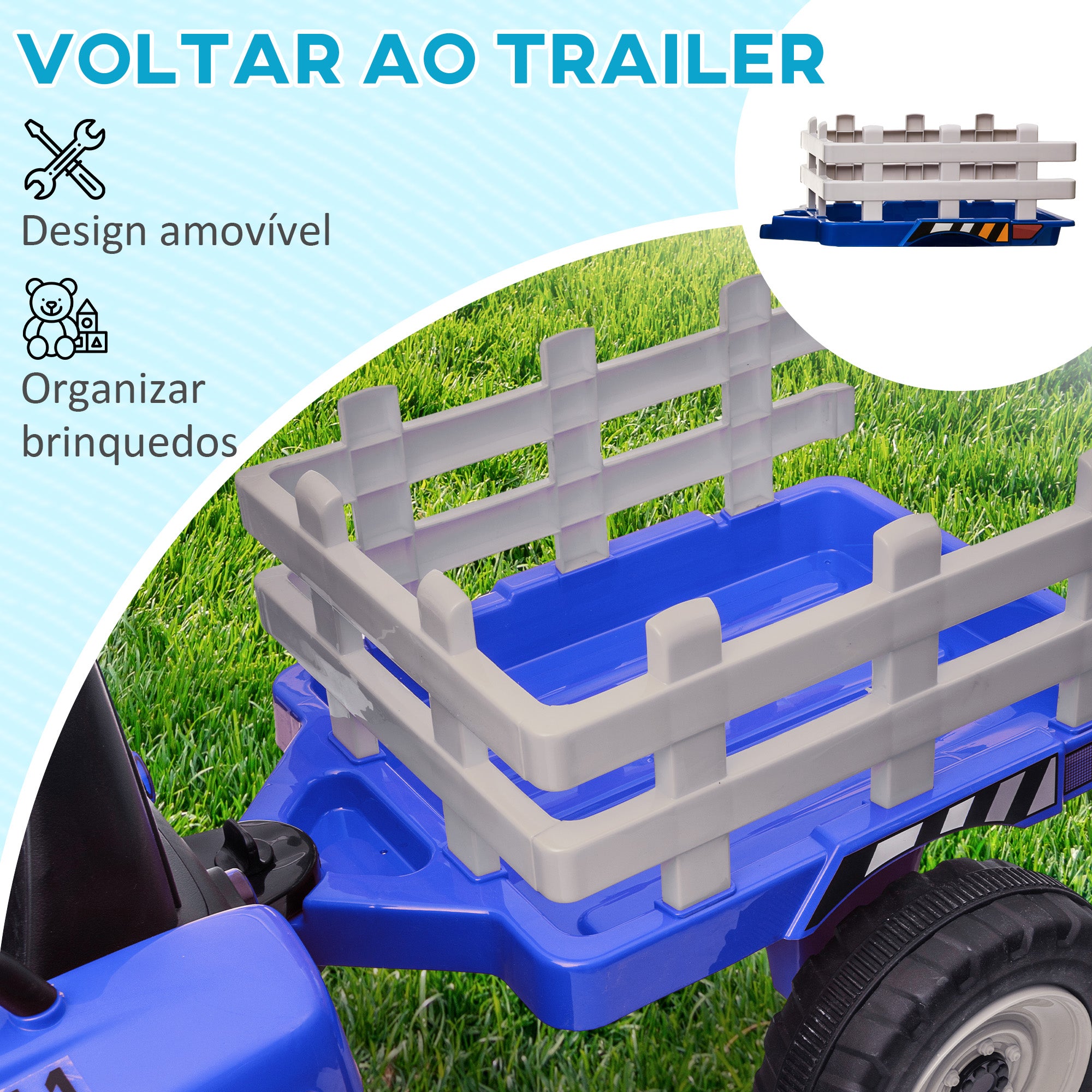 Trator Elétrico com Reboque Azul 136,5x50x52,5 cm para Crianças 3-6 Anos