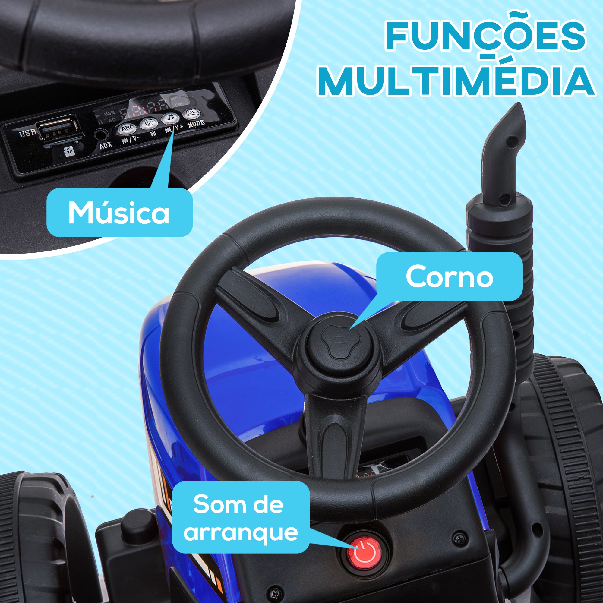 Trator Elétrico com Reboque Azul 136,5x50x52,5 cm para Crianças 3-6 Anos