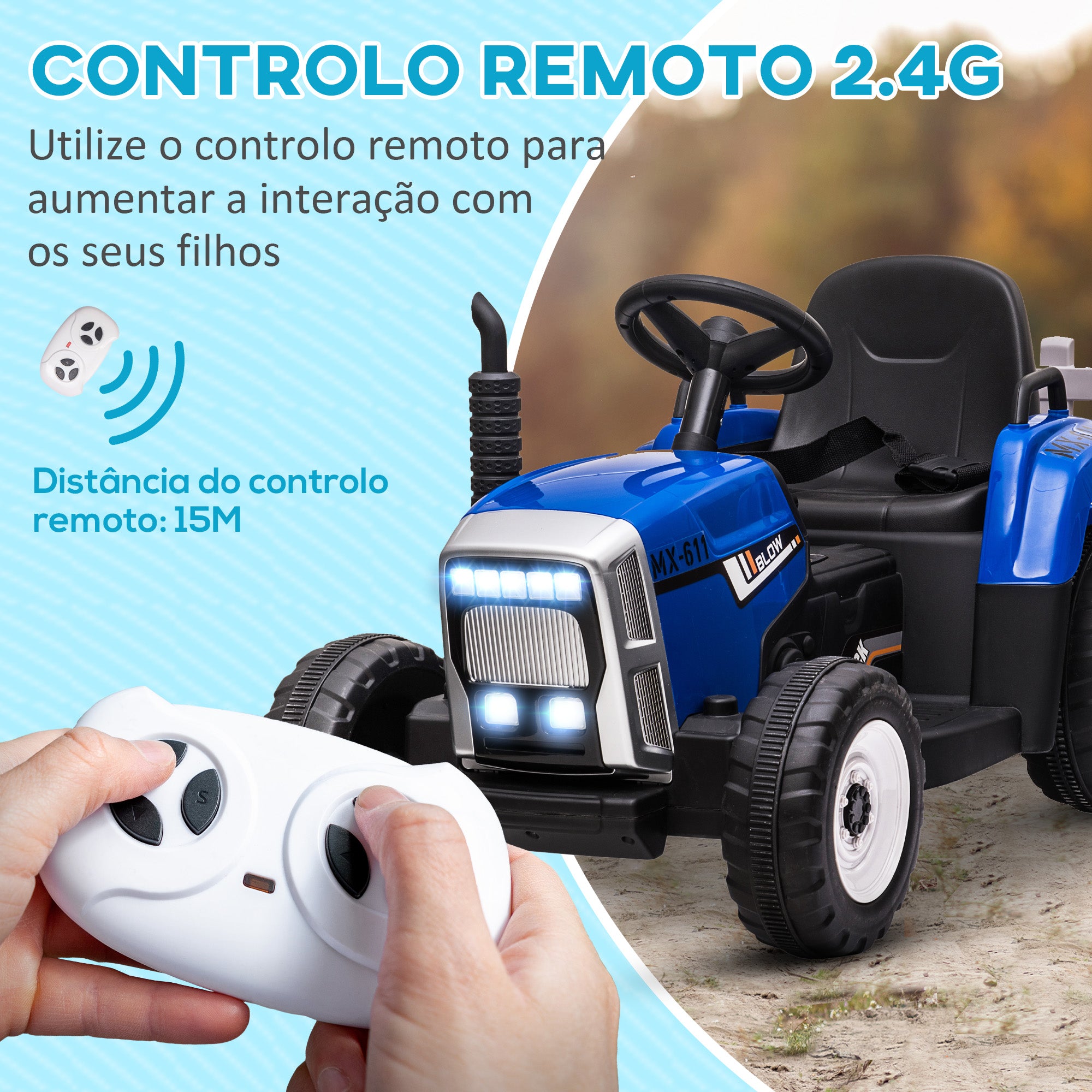 Trator Elétrico com Reboque Azul 136,5x50x52,5 cm para Crianças 3-6 Anos