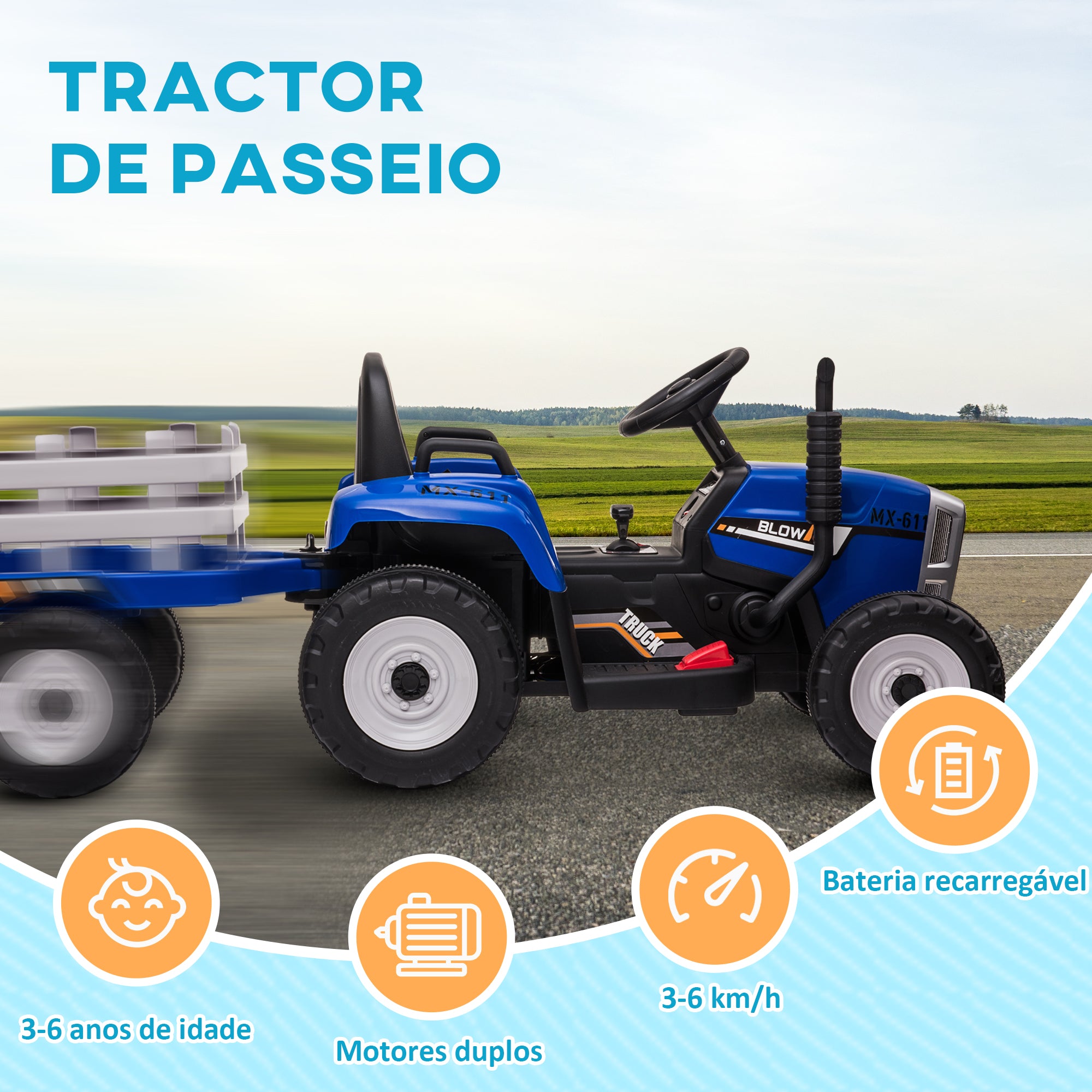 Trator Elétrico com Reboque Azul 136,5x50x52,5 cm para Crianças 3-6 Anos
