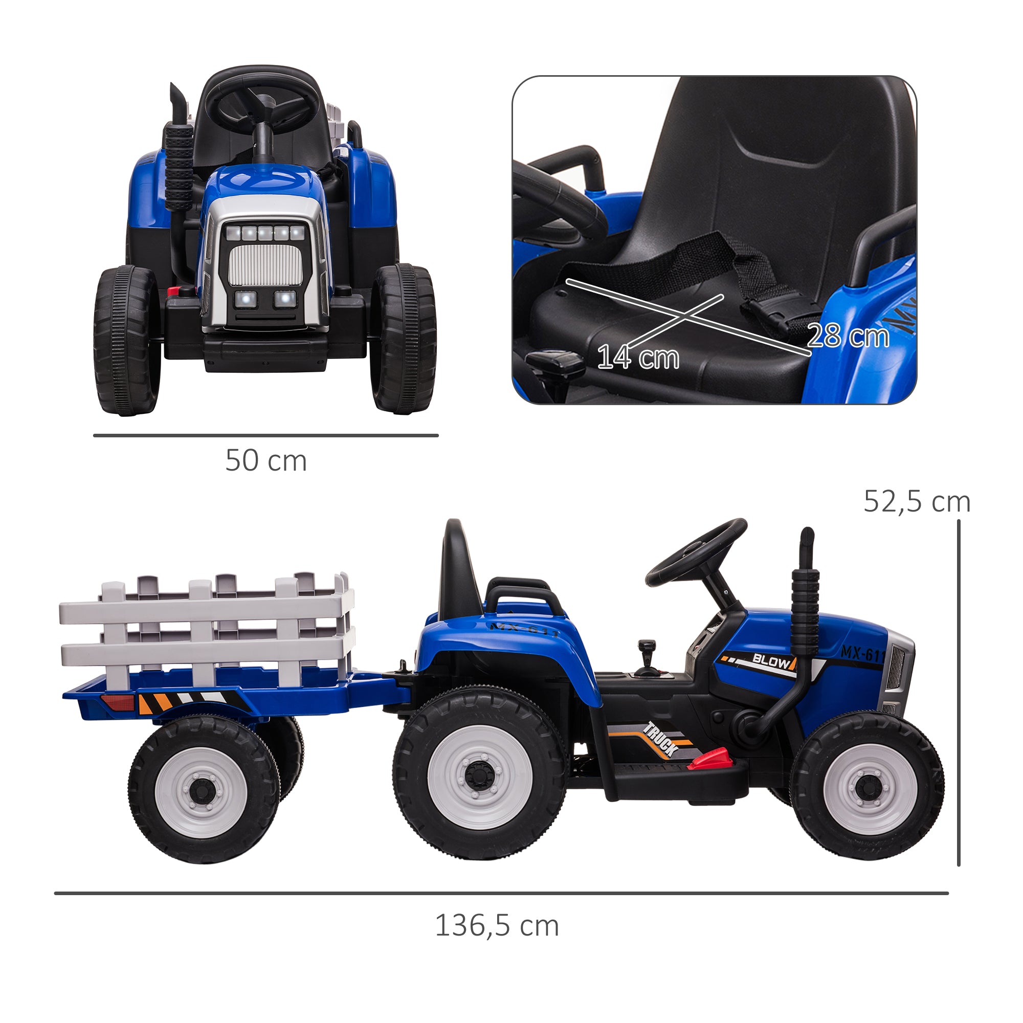 Trator Elétrico com Reboque Azul 136,5x50x52,5 cm para Crianças 3-6 Anos