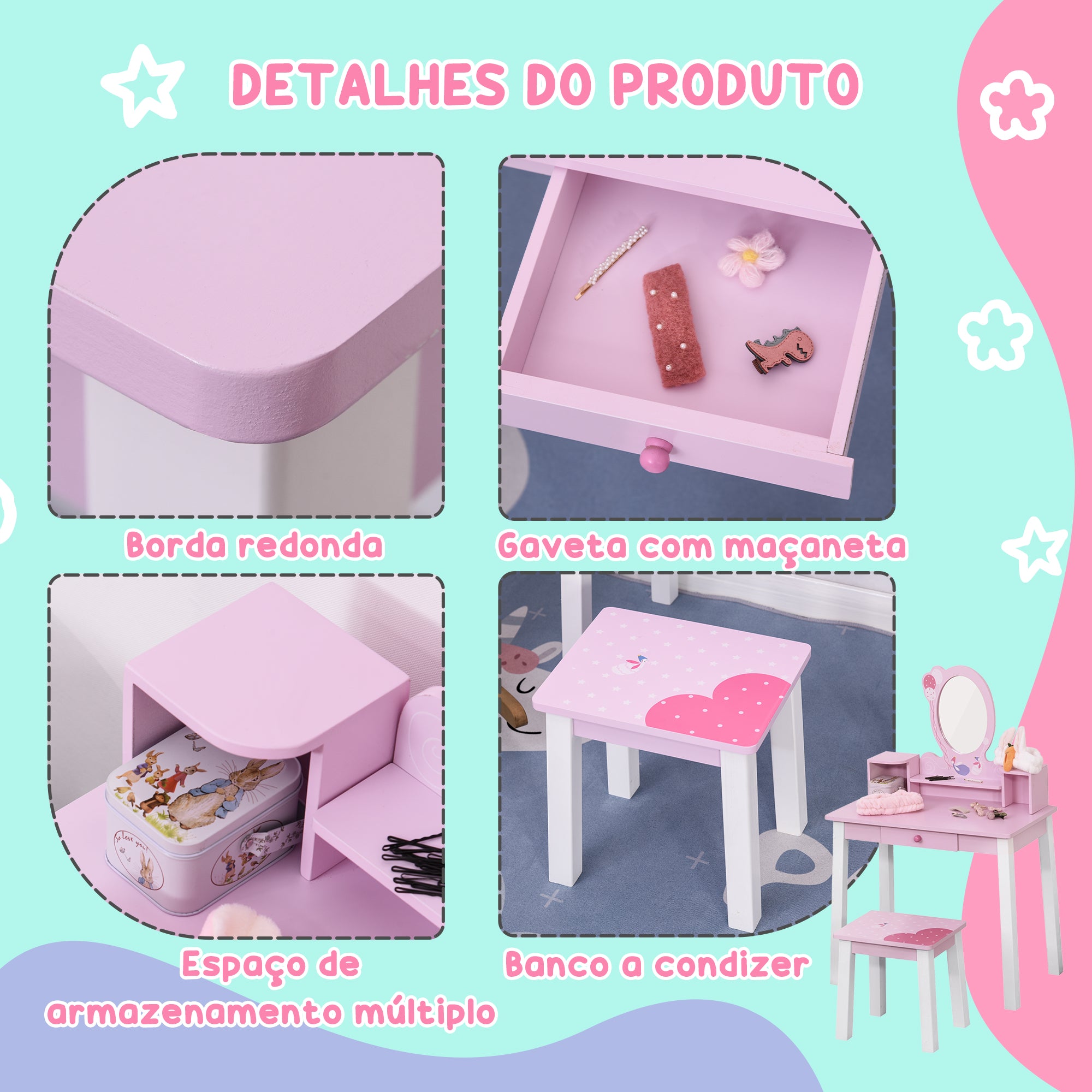 Toucador Infantil de Madeira 60x34x93cm Cor Rosa
