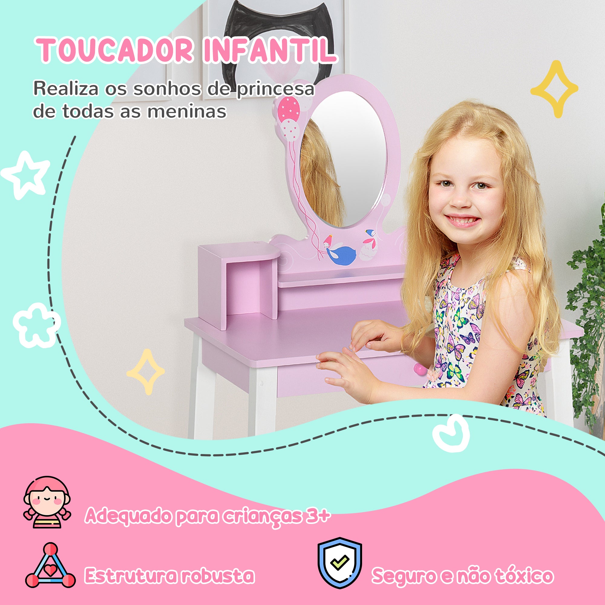 Toucador Infantil de Madeira 60x34x93cm Cor Rosa