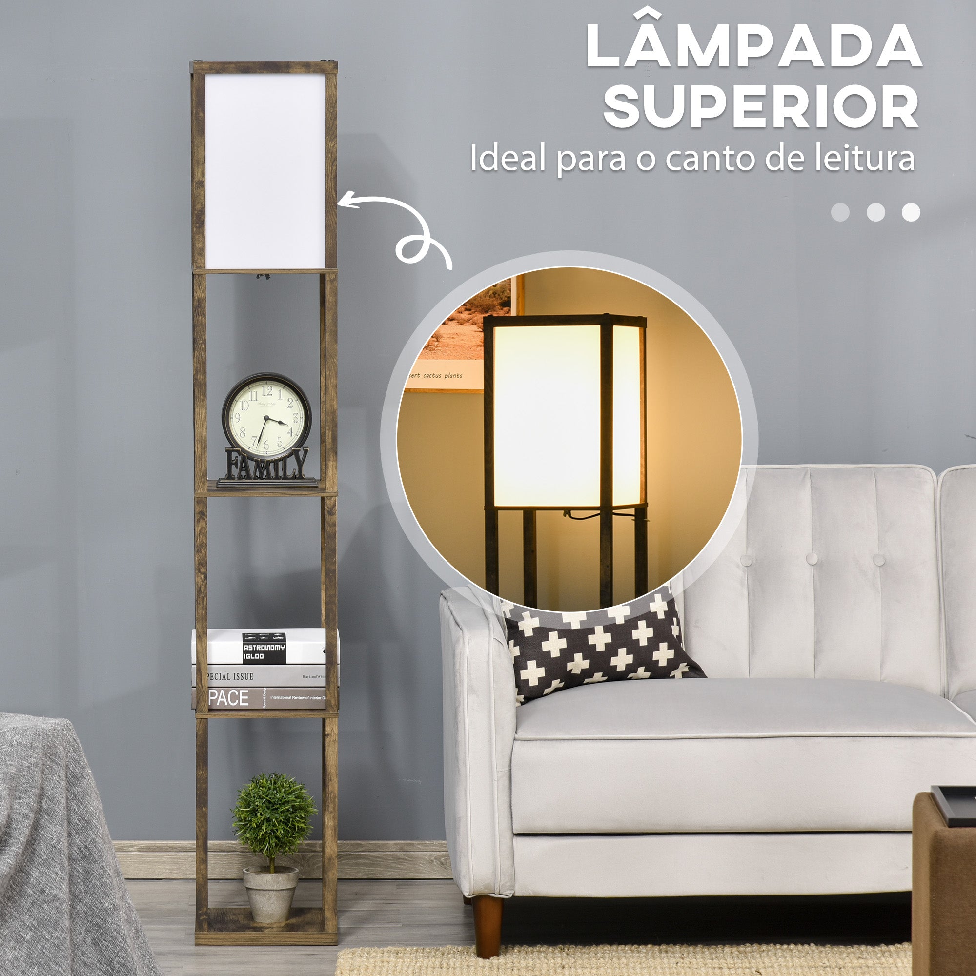 Candeeiro de Pé com 3 Prateleiras de Madeira 26x26x160 cm - Castanho Rústico