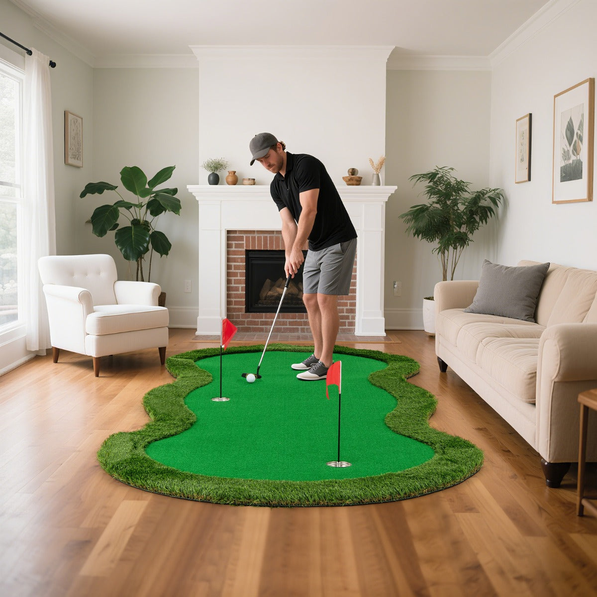 Tapete de Golfe com Relva Artificial 3 Buracos Cobertos de Copos Bolas de Golfe para Interiores 300 x 154 cm Verde