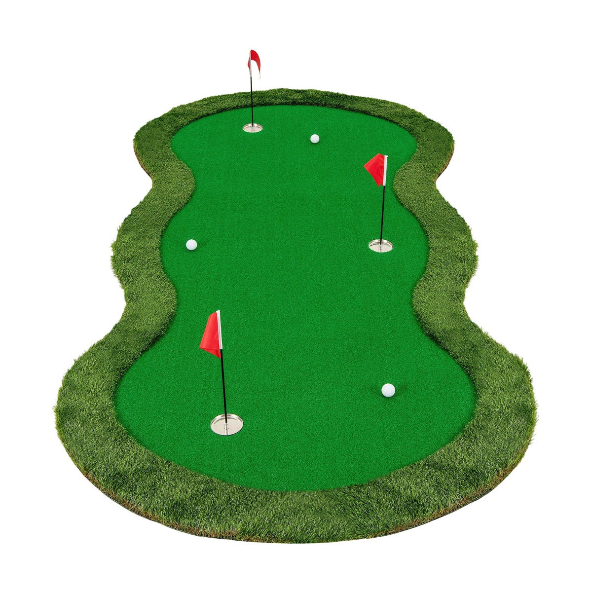 Tapete de Golfe com Relva Artificial 3 Buracos Cobertos de Copos Bolas de Golfe para Interiores 300 x 154 cm Verde