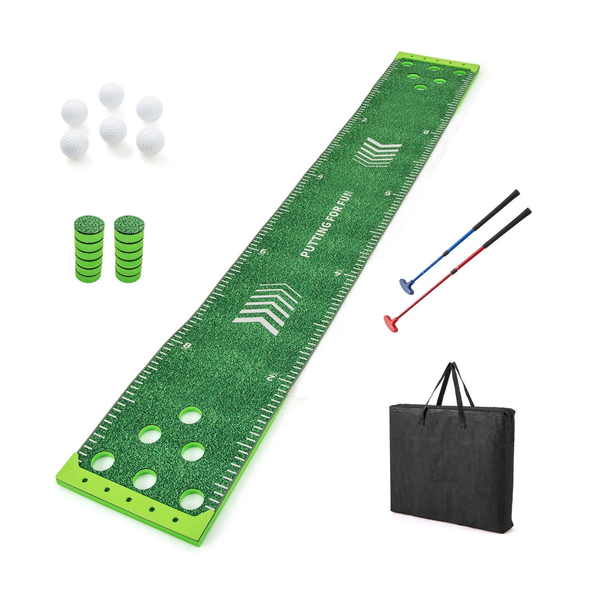 Conjunto de Golfe Pong Tapete de Putting de 332 cm com 2 Tacos Ajustáveis, 6 Bolas e 12 Capas para Orifícios Verde