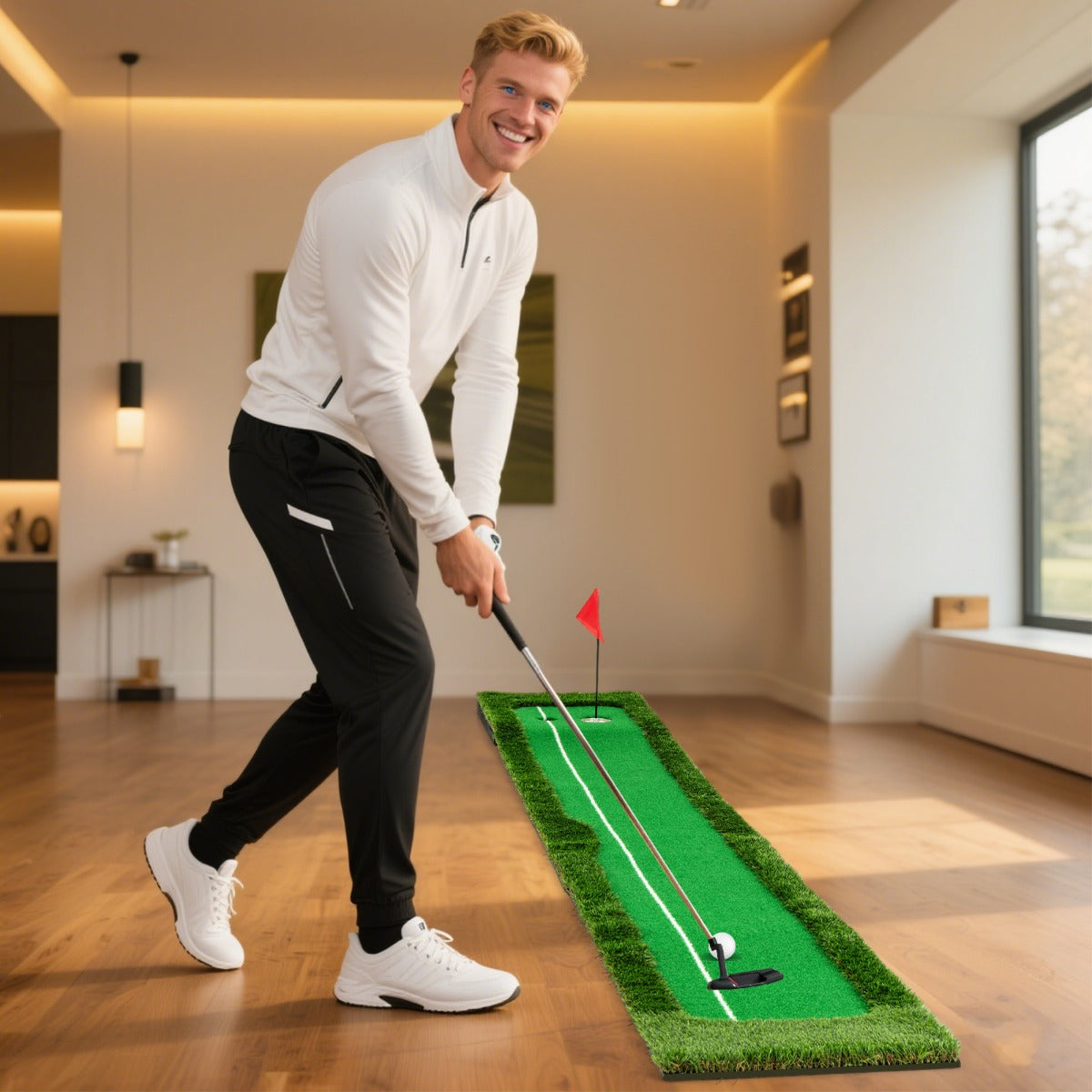Tapete de Golfe com 3 Bolas de Golfe de Borracha Base em Aço Inoxidável com Bandeira 2 Tamanhos de Buraco 300 x 50 cm Verde