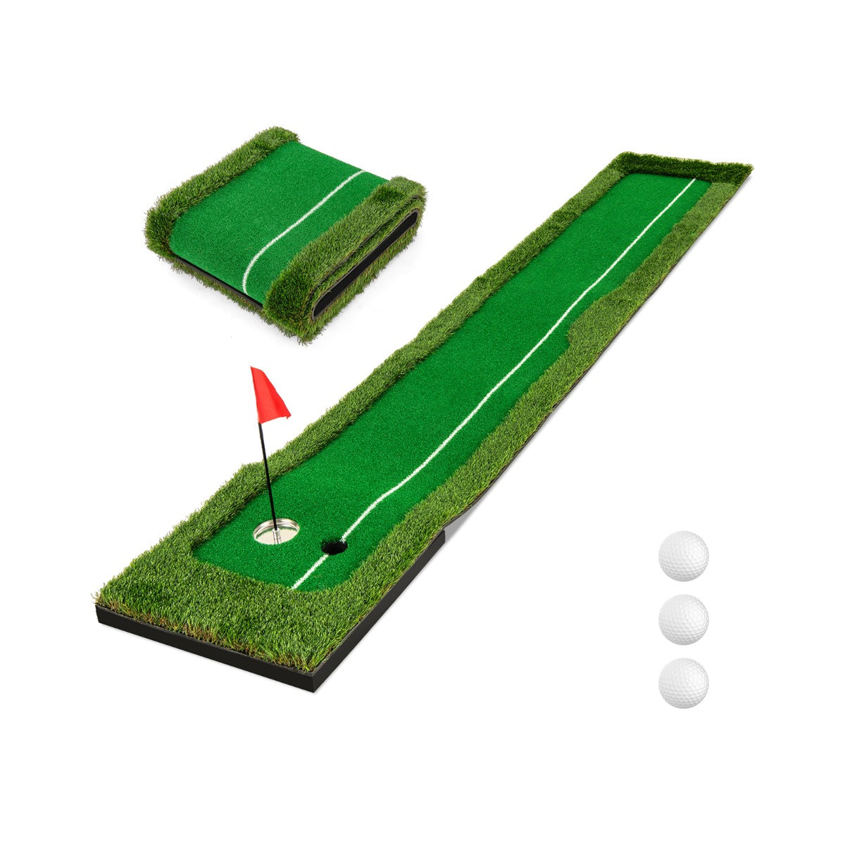 Tapete de Golfe com 3 Bolas de Golfe de Borracha Base em Aço Inoxidável com Bandeira 2 Tamanhos de Buraco 300 x 50 cm Verde