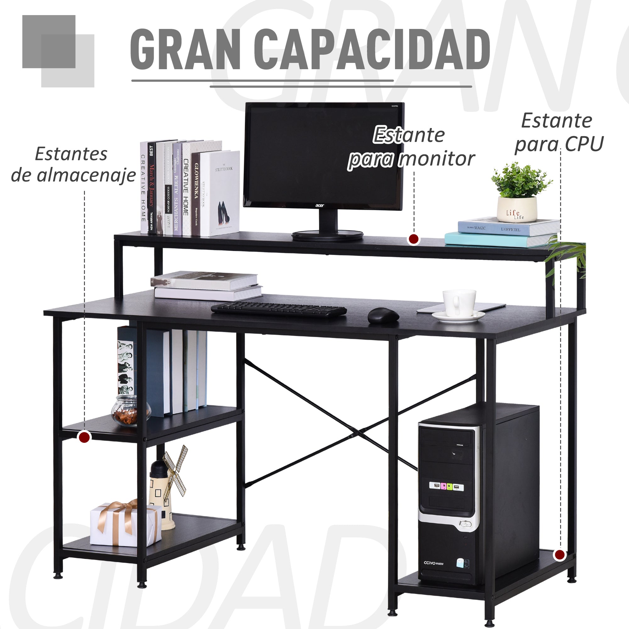 Secretária de Escritório com 3 Prateleiras 140x60x93 cm - Grão de Madeira Preto