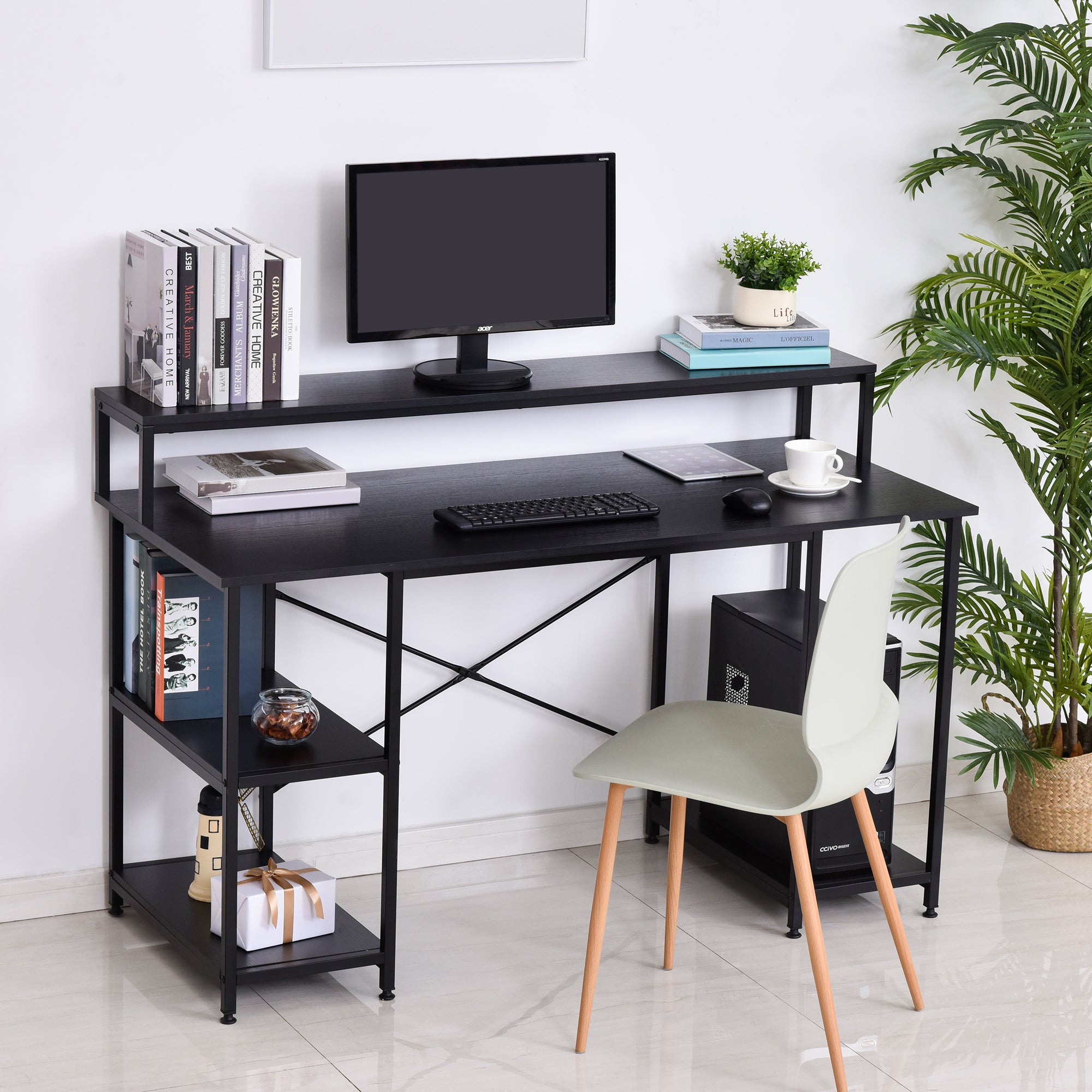 Secretária de Escritório com 3 Prateleiras 140x60x93 cm - Grão de Madeira Preto