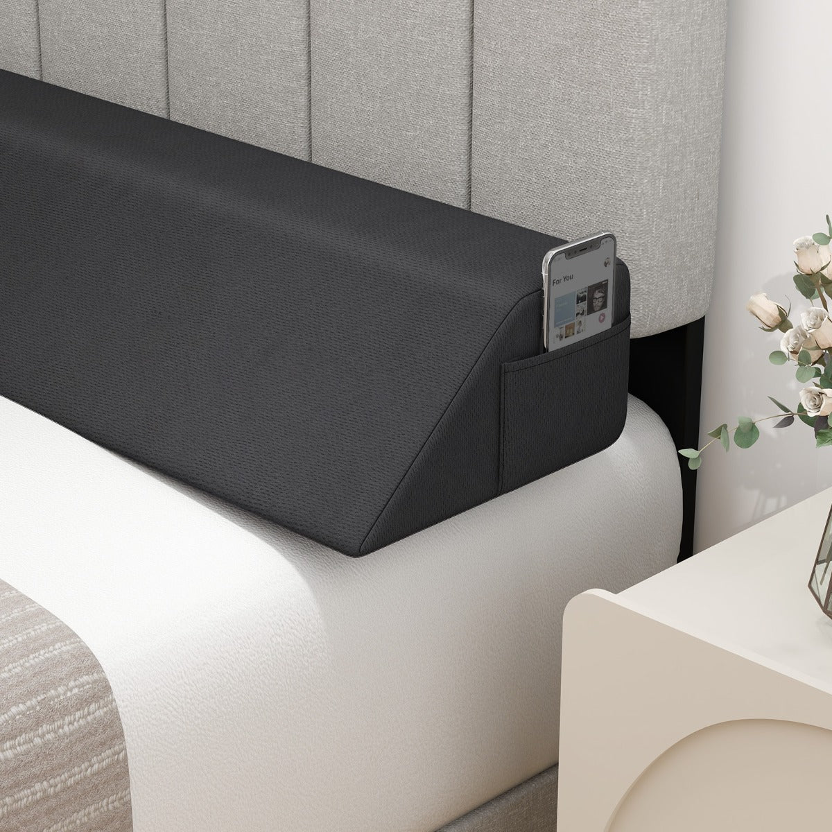 Almofada de Cunha de 137 cm para Cama com 2 Bolsos de Armazenamento - Cinzento