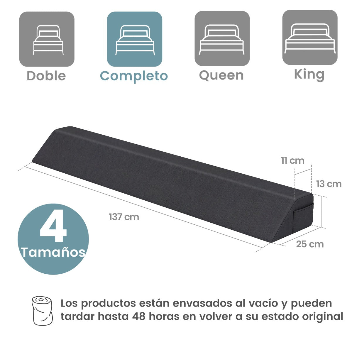 Almofada de Cunha de 137 cm para Cama com 2 Bolsos de Armazenamento - Cinzento