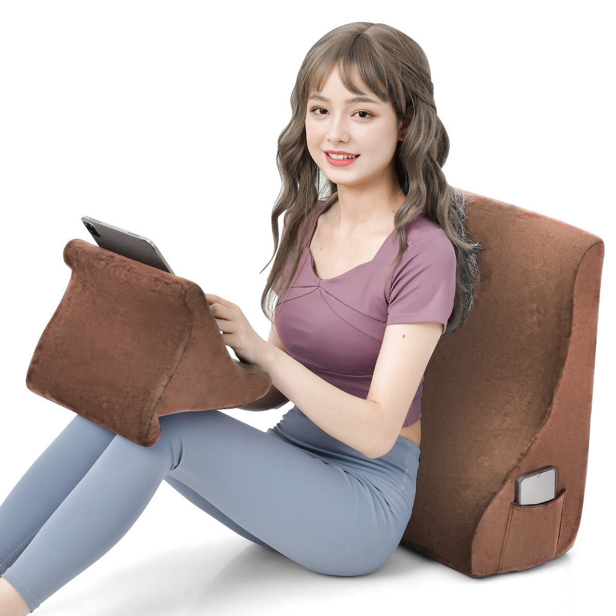Almofadas de Cunha para Cama com Suporte para Tablet Espuma de Alta Resiliência Bolsos Laterais Castanho