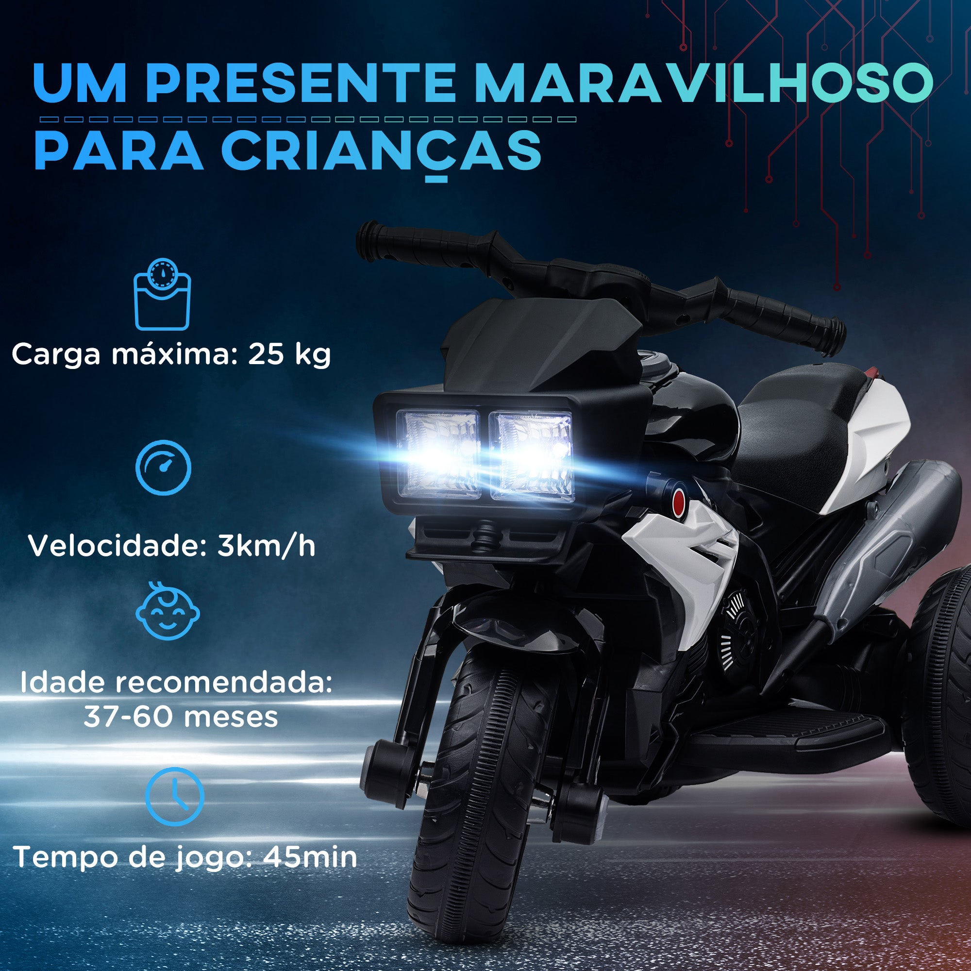 Triciclo Infantil Elétrico com 3 Rodas 86x42x52 cm Branco e Preto