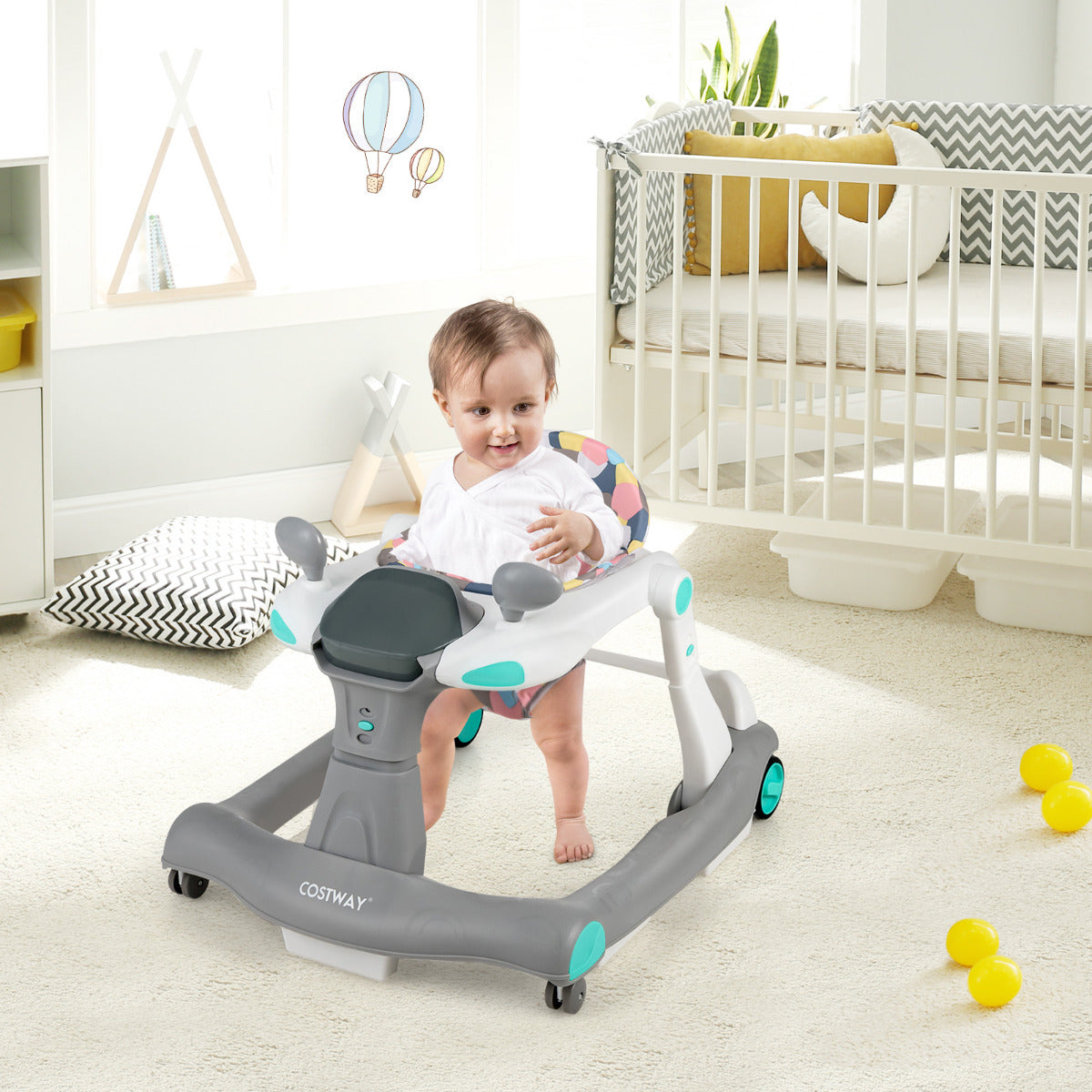 Andador 2 em 1 para Crianças Dobrável Andador de Atividades Empurrável Altura e Velocidade Reguláveis para Bebés 6-8 Meses 73 x 59,5 x 54,5 cm Cinzento