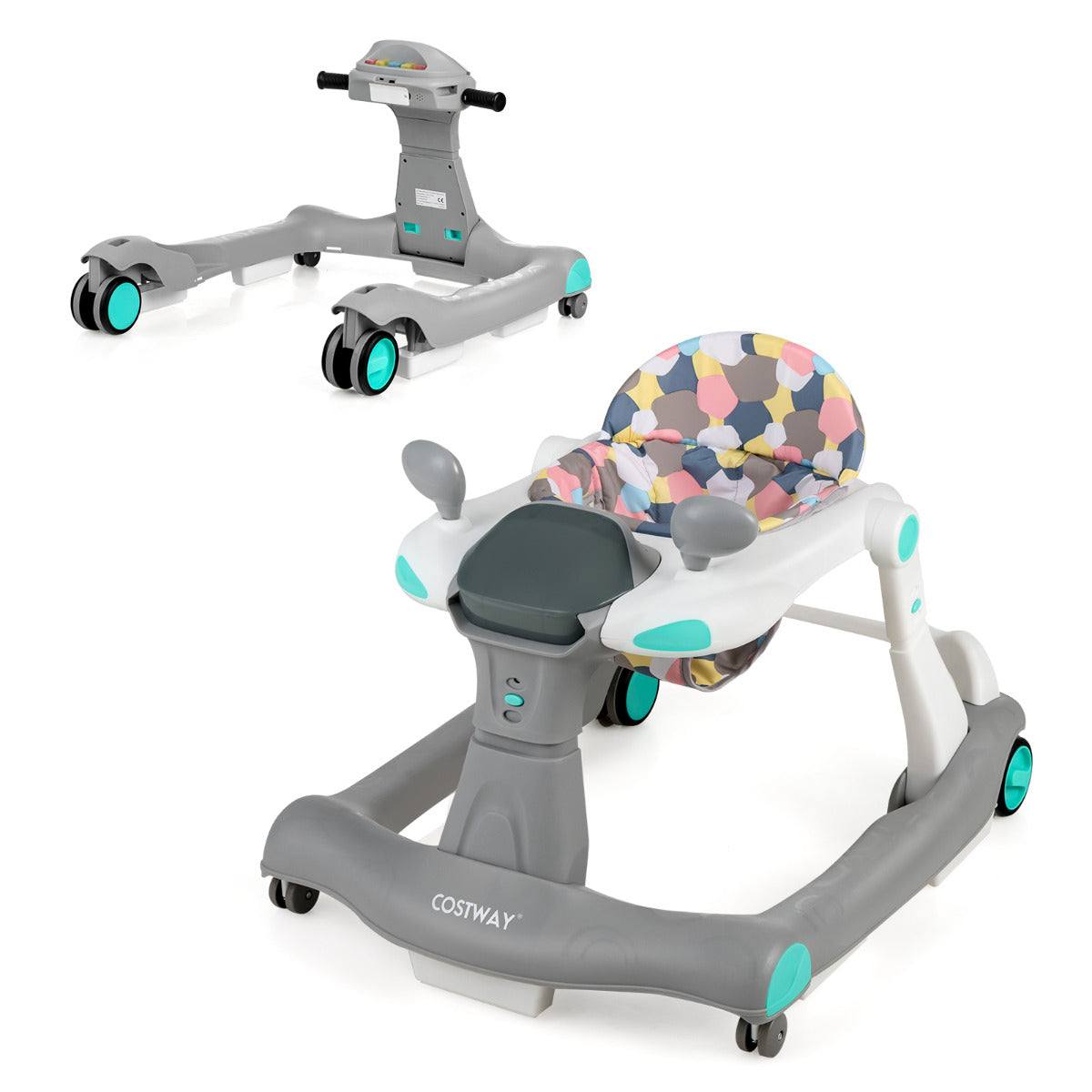 Andador 2 em 1 para Crianças Dobrável Andador de Atividades Empurrável Altura e Velocidade Reguláveis para Bebés 6-8 Meses 73 x 59,5 x 54,5 cm Cinzento