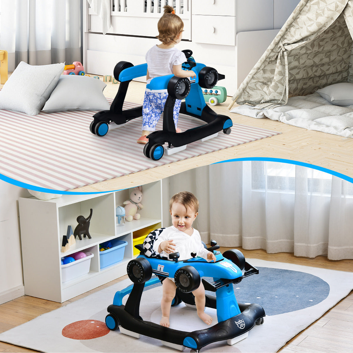 Andador 4 em 1 para Crianças Andador de Atividade Empurrável Dobrável com Altura e Velocidade Reguláveis Carilhão com Luzes Volante Azul