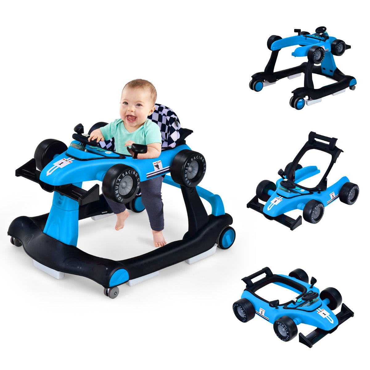 Andador 4 em 1 para Crianças Andador de Atividade Empurrável Dobrável com Altura e Velocidade Reguláveis Carilhão com Luzes Volante Azul