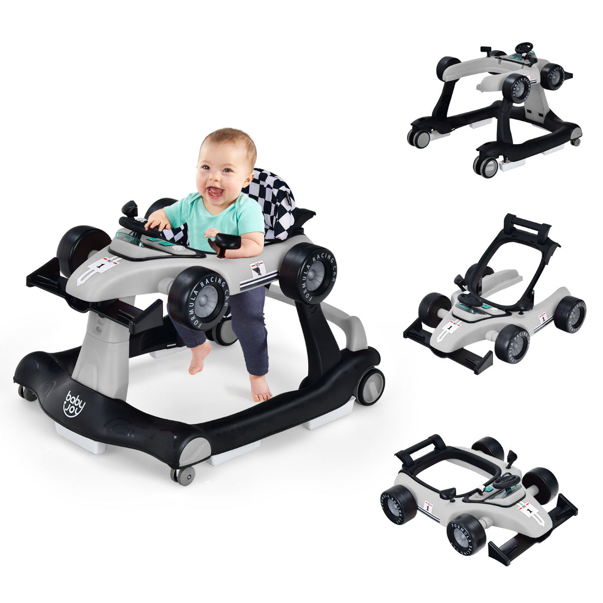 Andador 4 em 1 para Crianças Andador de Atividade Dobrável com Altura e Velocidade Reguláveis Carrilhão com Luzes Volante Cinzento