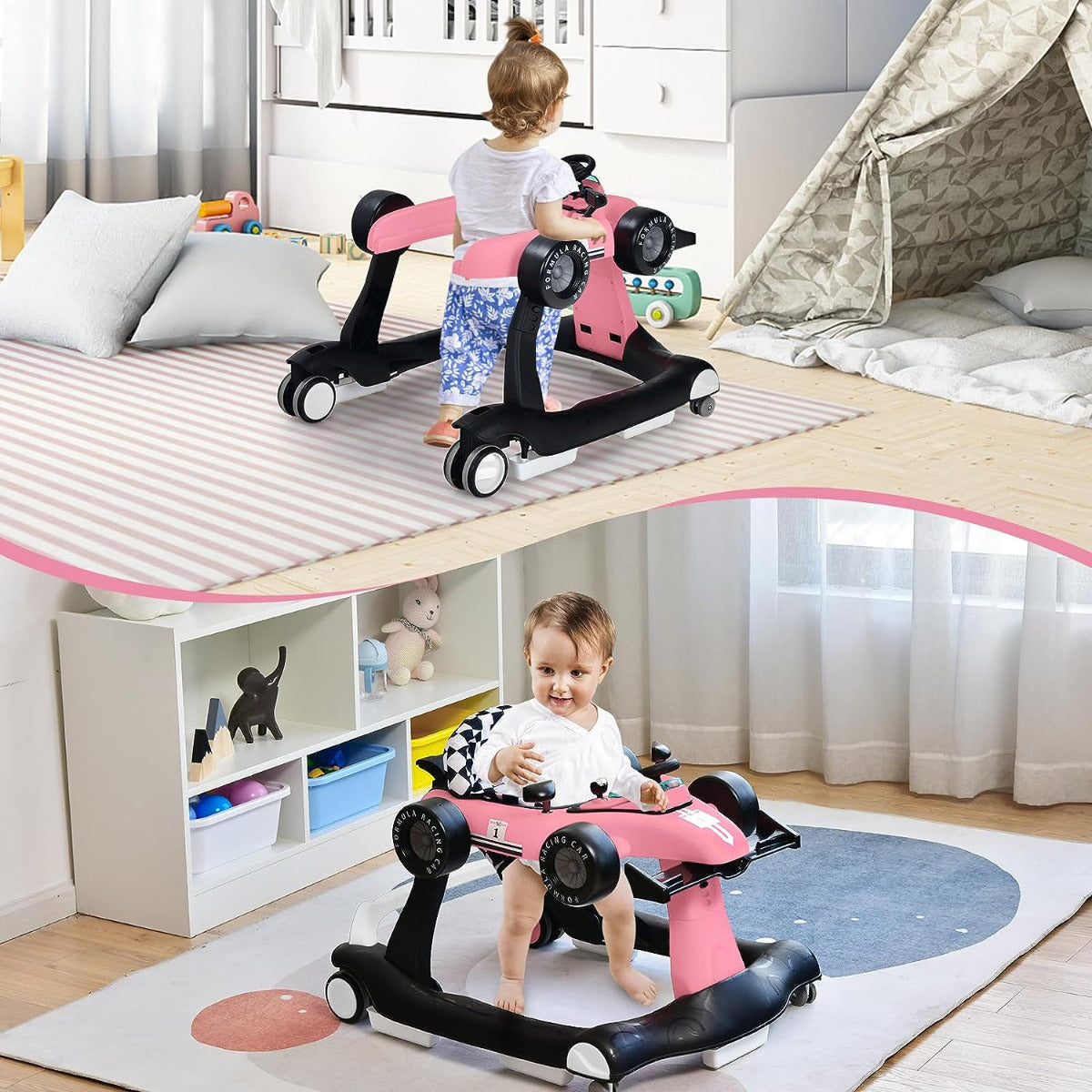 Andador 4 em 1 para Crianças Andador de Atividades de Empurrar Dobrável com Altura e Velocidade Reguláveis Carrossel com Luzes Volante Cor-de-Rosa