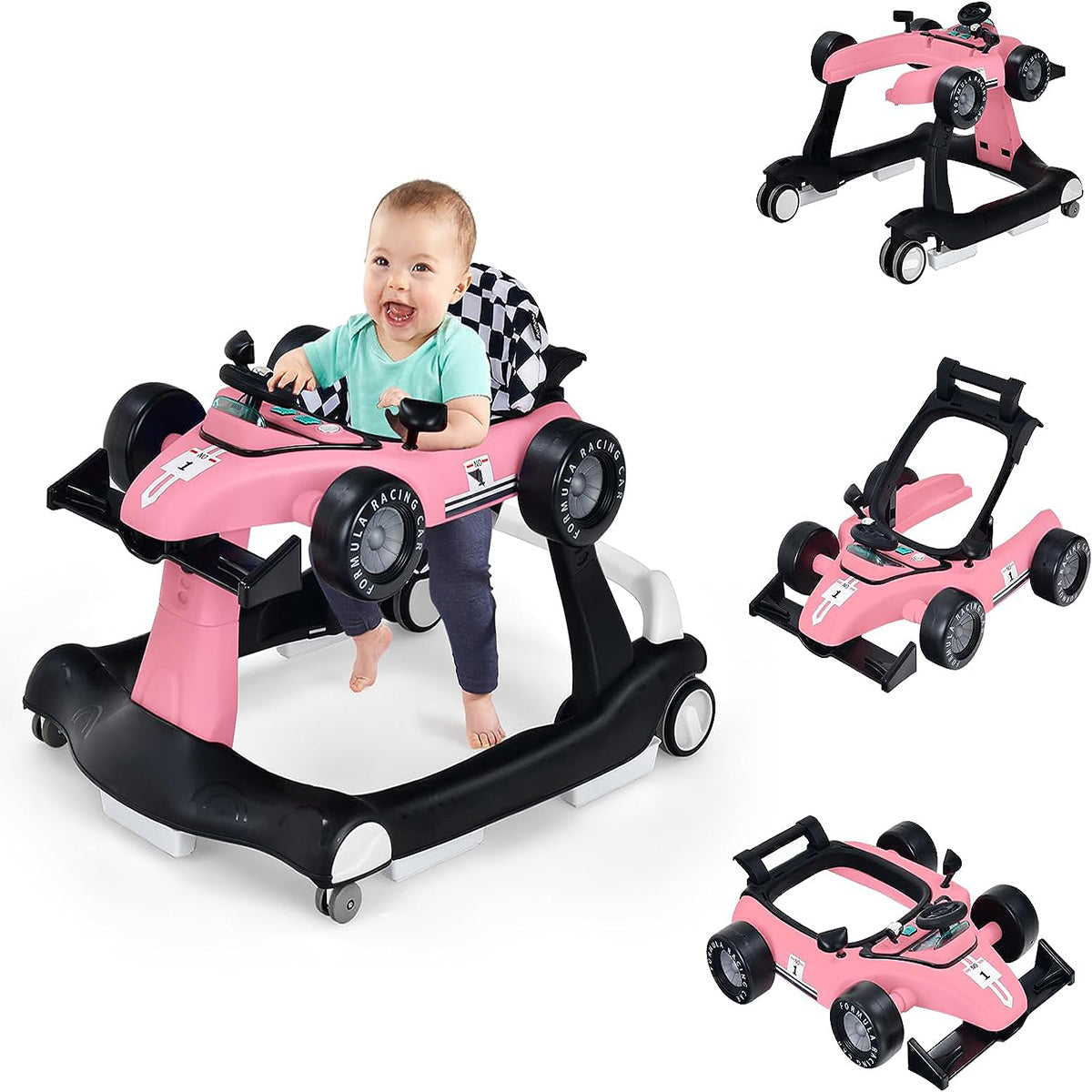 Andador 4 em 1 para Crianças Andador de Atividades de Empurrar Dobrável com Altura e Velocidade Reguláveis Carrossel com Luzes Volante Cor-de-Rosa