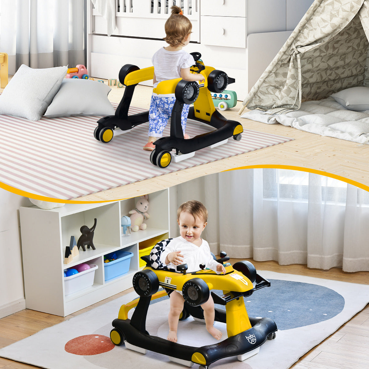 Andador 4 em 1 para Crianças Andador de Atividade Dobrável com Altura e Velocidade Reguláveis Carrocel com Luzes Volante Amarelo