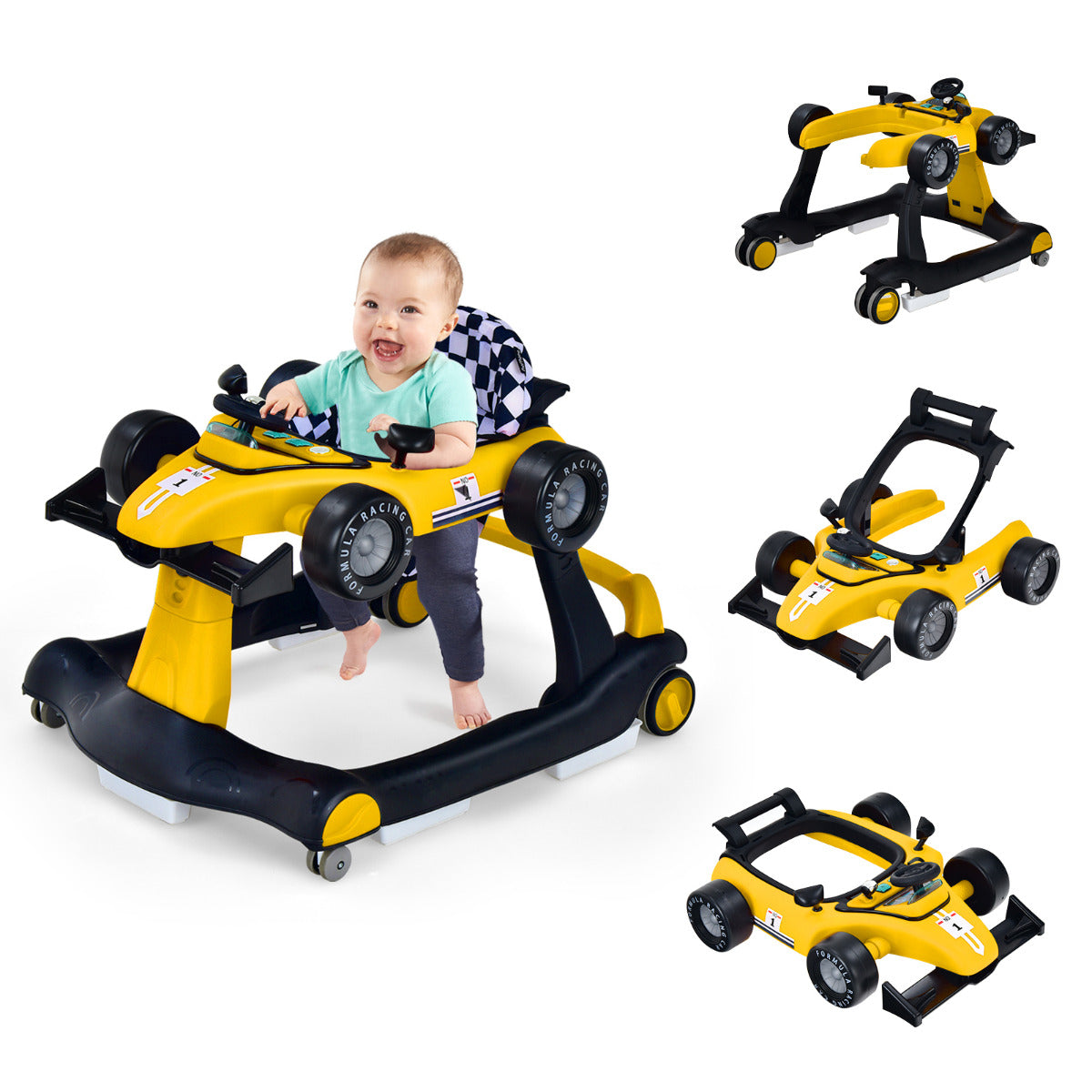 Andador 4 em 1 para Crianças Andador de Atividade Dobrável com Altura e Velocidade Reguláveis Carrocel com Luzes Volante Amarelo