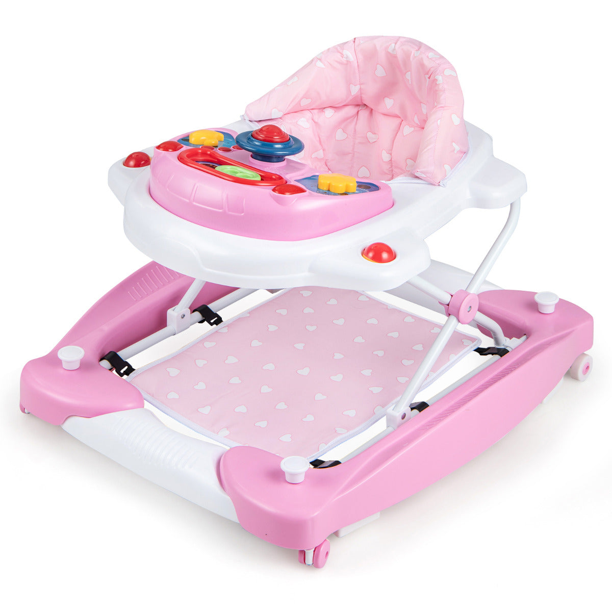 Andador 6 em 1 Antivuelco Centro de Atividades Altura Ajustável Bandeja de Música Removível Assento Acolchoado para Bebés 7-14 Meses Cor-de-Rosa