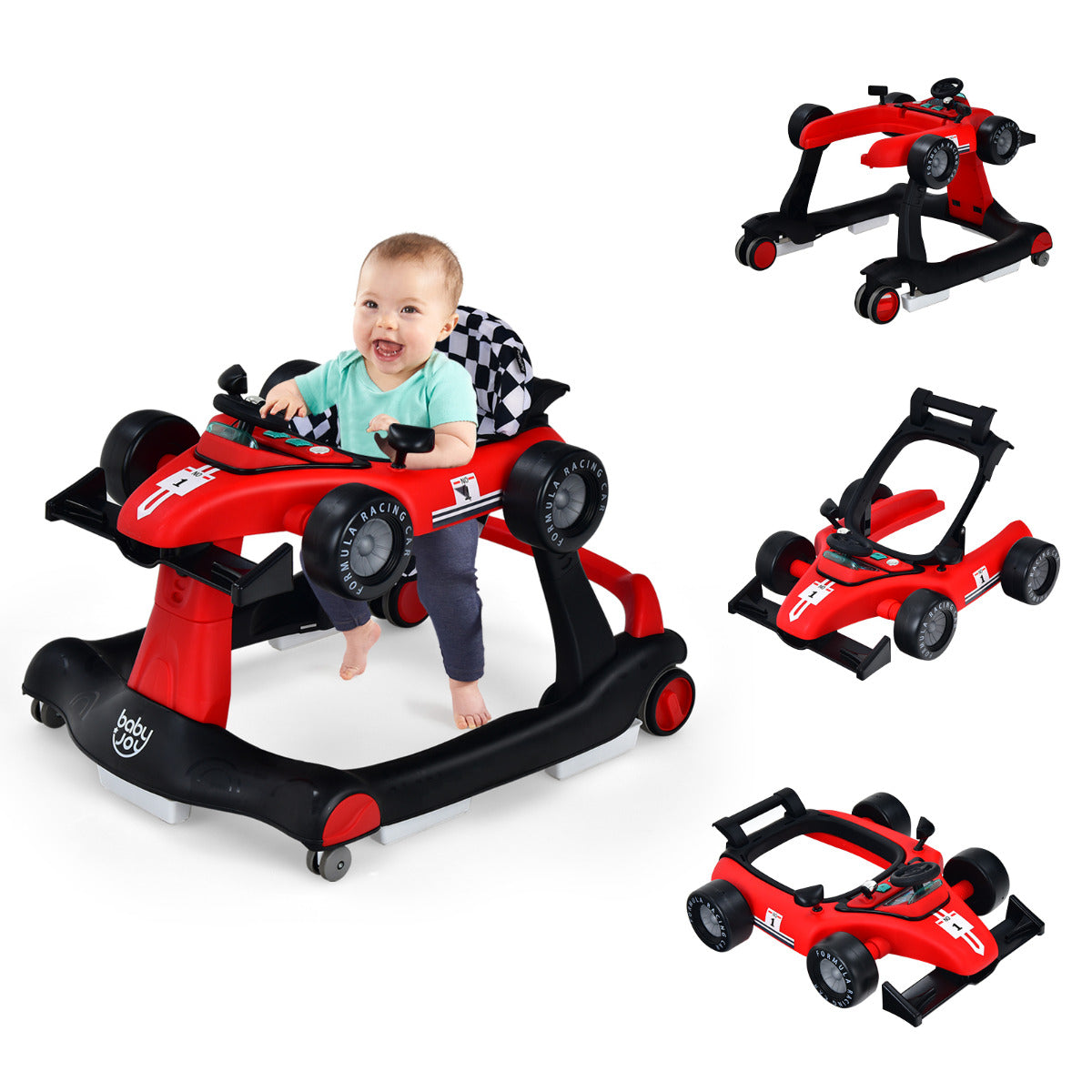 Andador 4 em 1 para Crianças Andador de Atividades de Empurrar Dobrável com Altura e Velocidade Reguláveis Carrilhão com Luzes Volante Vermelho