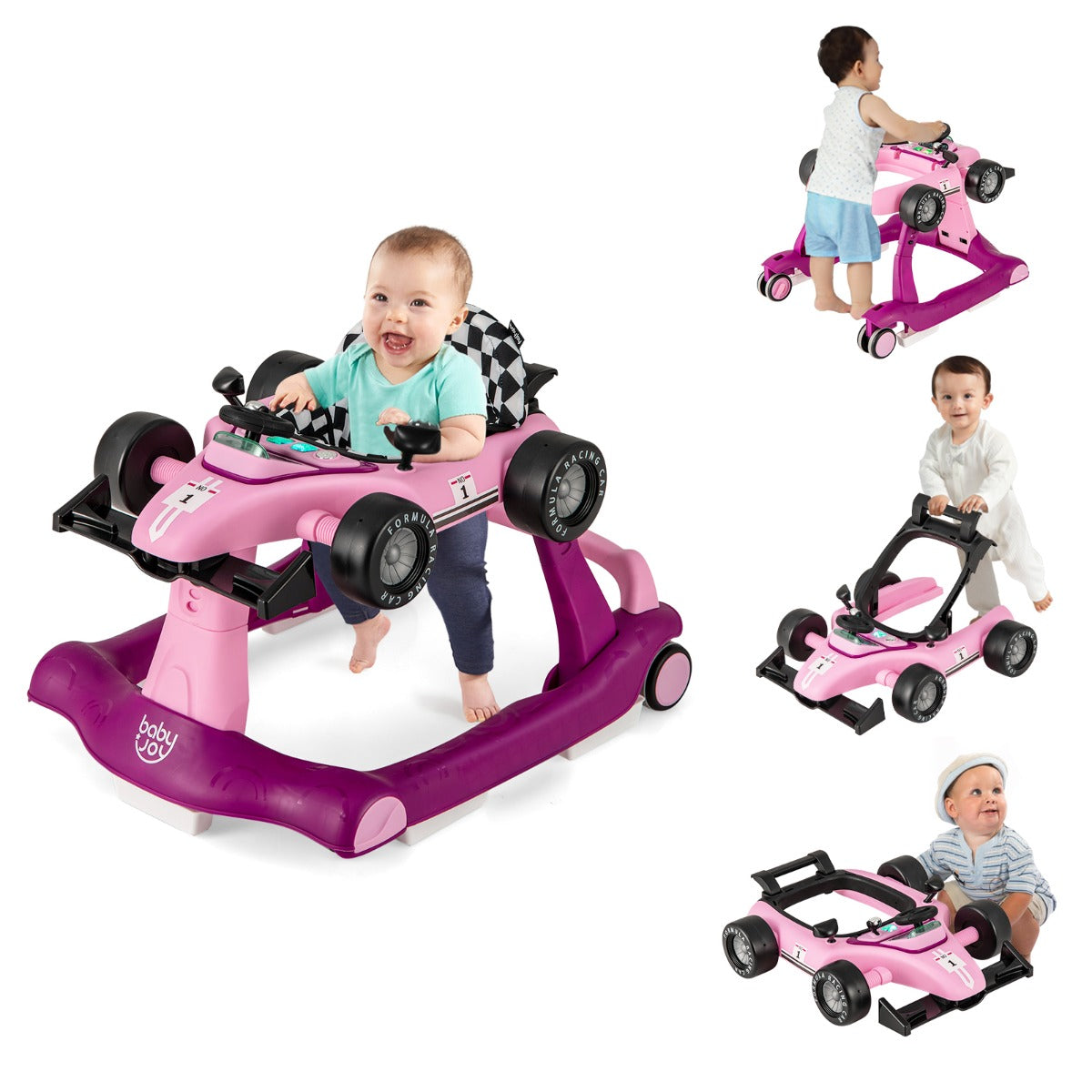 Andador 4 em 1 para Crianças Andador de Atividade Dobrável com Altura e Velocidade Reguláveis Carrossel com Luzes Volante Roxo