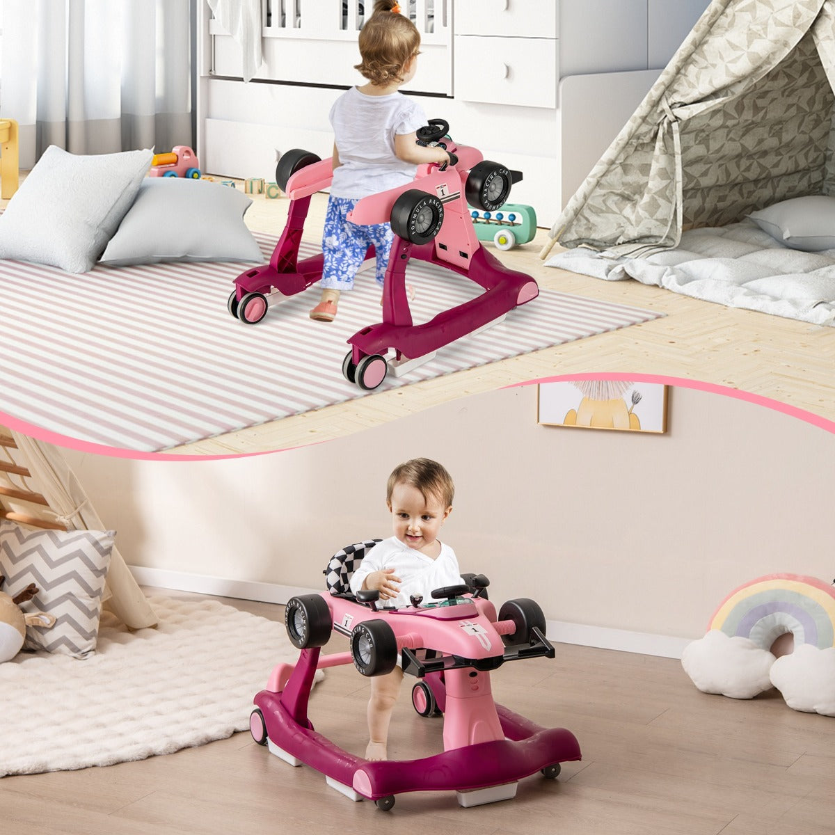Andador 4 em 1 para Crianças Andador de Atividade Dobrável com Altura e Velocidade Reguláveis Carrossel com Luzes Volante Roxo