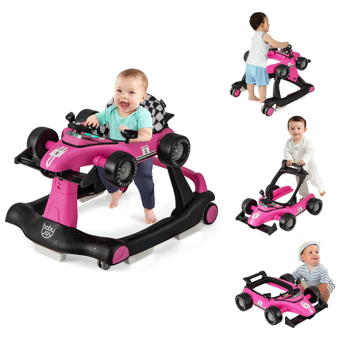 Andador 4 em 1 para Crianças Andador de Atividade de Empurrar Dobrável com Altura e Velocidade Reguláveis Carrossel com Luzes Volante Rosa Escuro