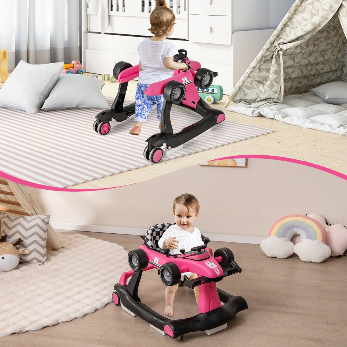 Andador 4 em 1 para Crianças Andador de Atividade de Empurrar Dobrável com Altura e Velocidade Reguláveis Carrossel com Luzes Volante Rosa Escuro