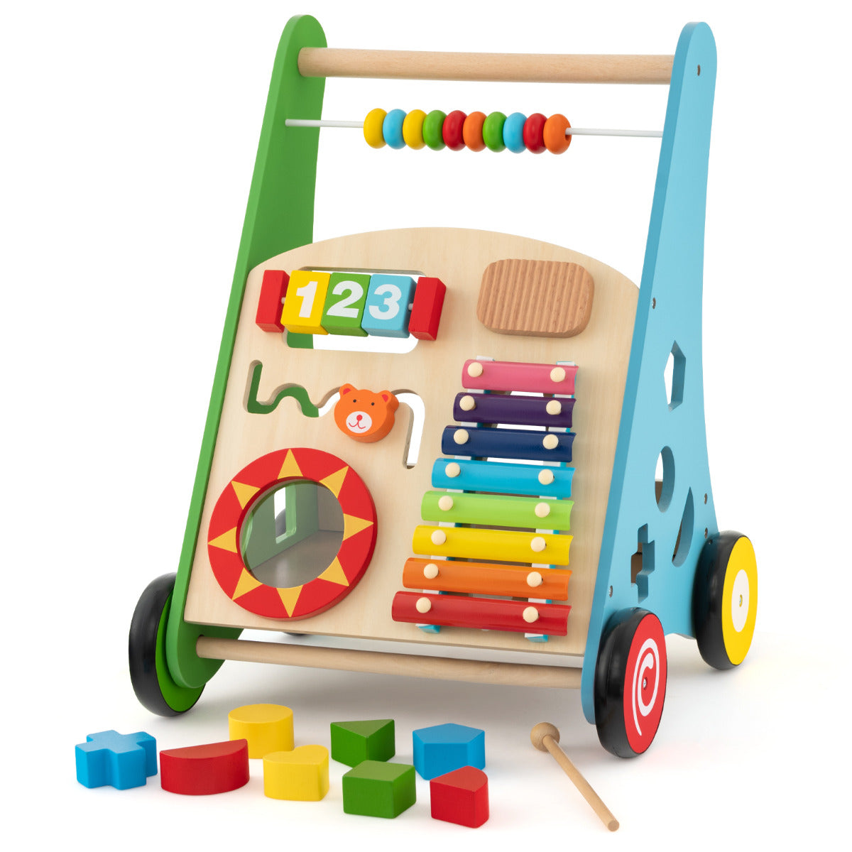 Andador de Madeira para Bebé Brinquedo de Atividade de Madeira Educativo com Rodas de Borracha Aprendizagem de Pé a Andar para Bebés Multicolor