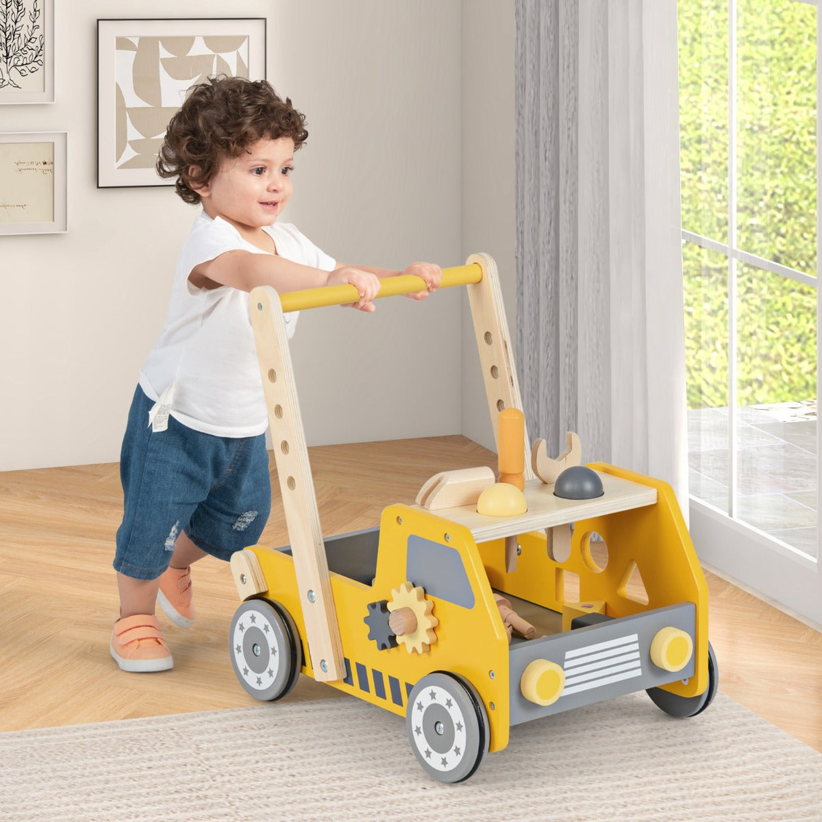 Andador de Empurrar de Madeira 2 em 1 para Bebés Crianças Pequenas com Velocidade Ajustável e Armazenamento Brinquedos Montessori Amarelo