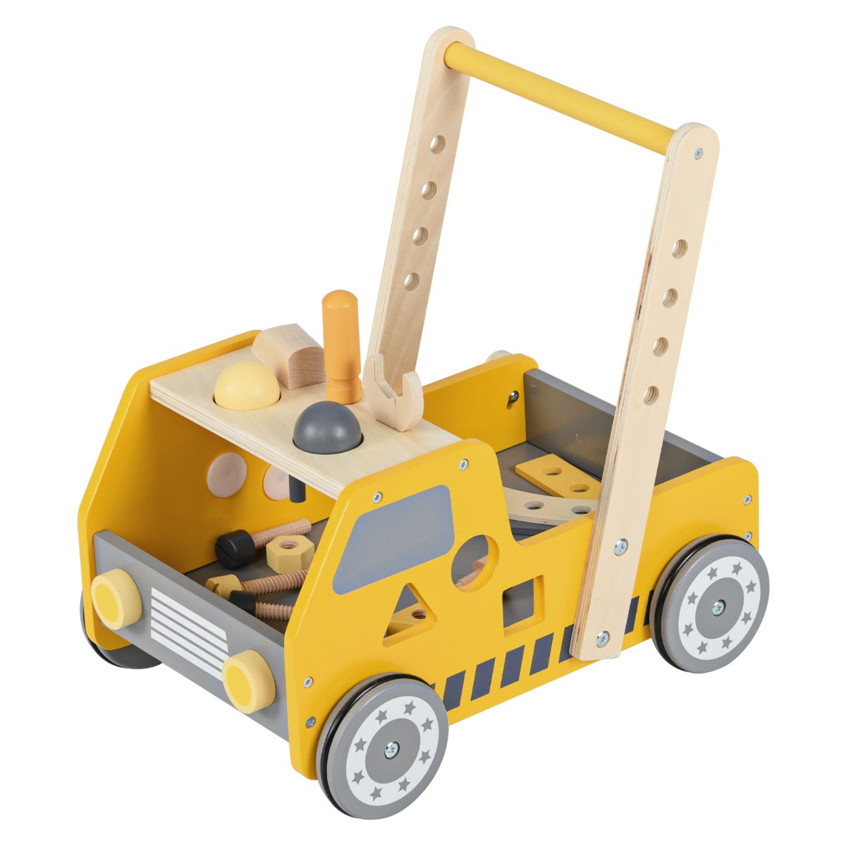 Andador de Empurrar de Madeira 2 em 1 para Bebés Crianças Pequenas com Velocidade Ajustável e Armazenamento Brinquedos Montessori Amarelo