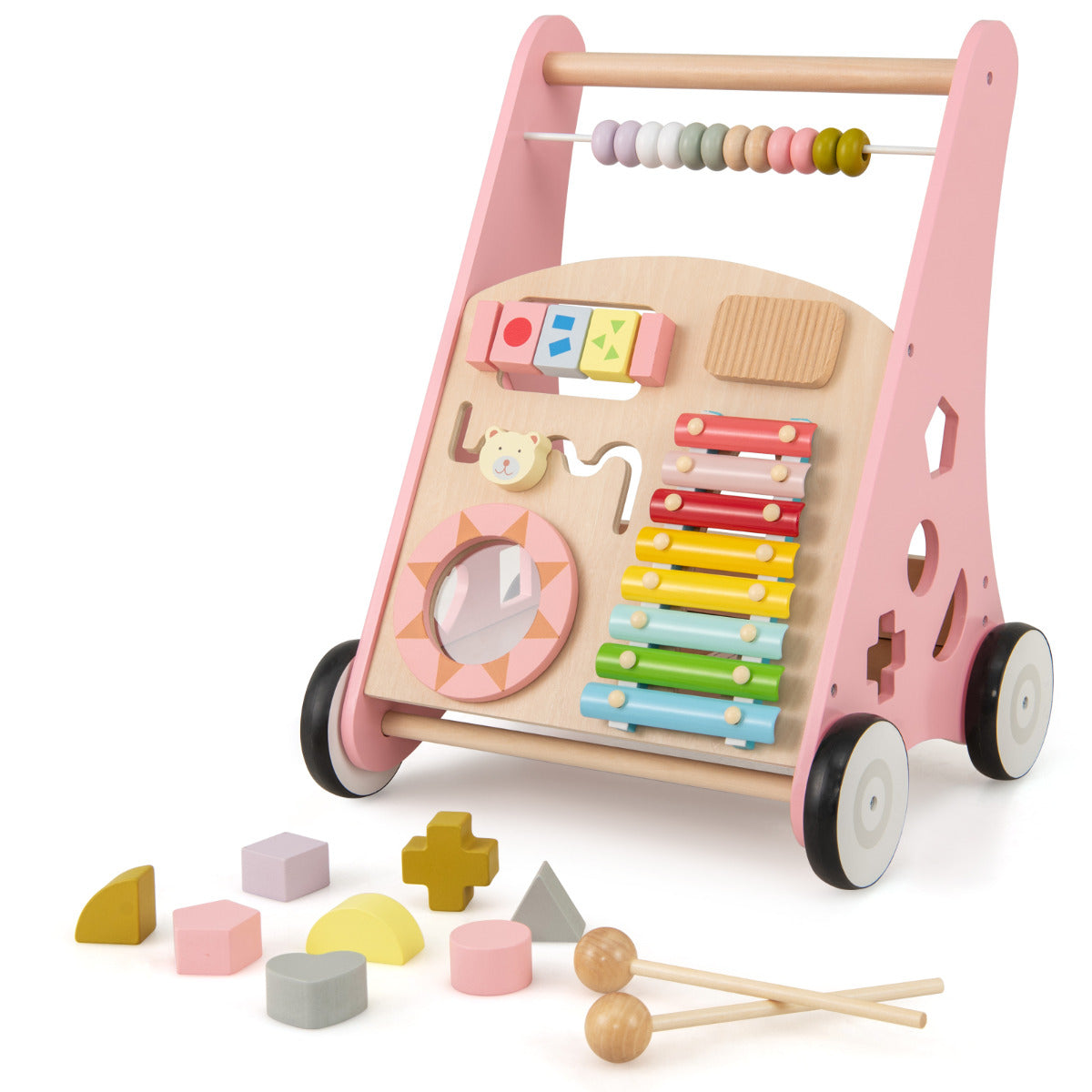 Andarilho de Madeira para Bebé Brinquedo de Atividade Educativo em Madeira com Rodas de Borracha Aprendizagem de Pé a Andar para Bebés Rosa
