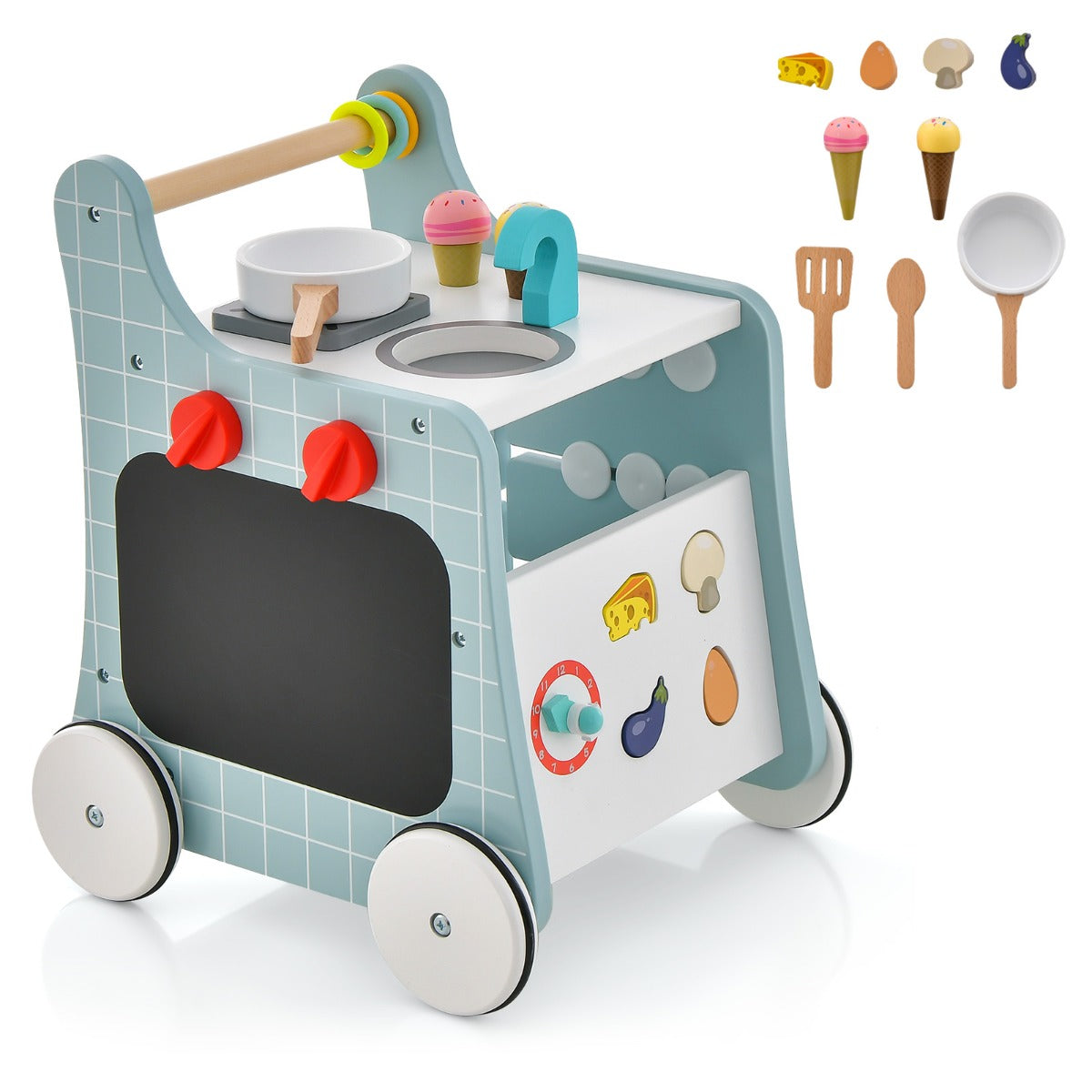 Andador para Bebés em Madeira 6 em 1 com Centro de Atividades de Aprendizagem para Empurrar e Puxar com Carrinho de Cozinha para Bebés de 12+ Meses Azul