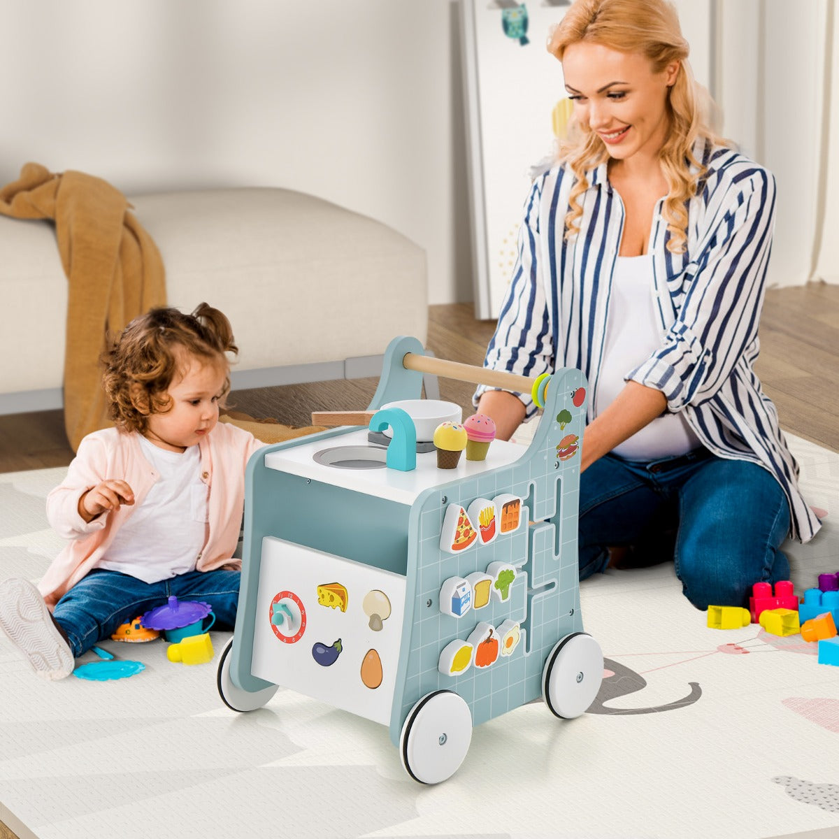 Andador para Bebés em Madeira 6 em 1 com Centro de Atividades de Aprendizagem para Empurrar e Puxar com Carrinho de Cozinha para Bebés de 12+ Meses Azul