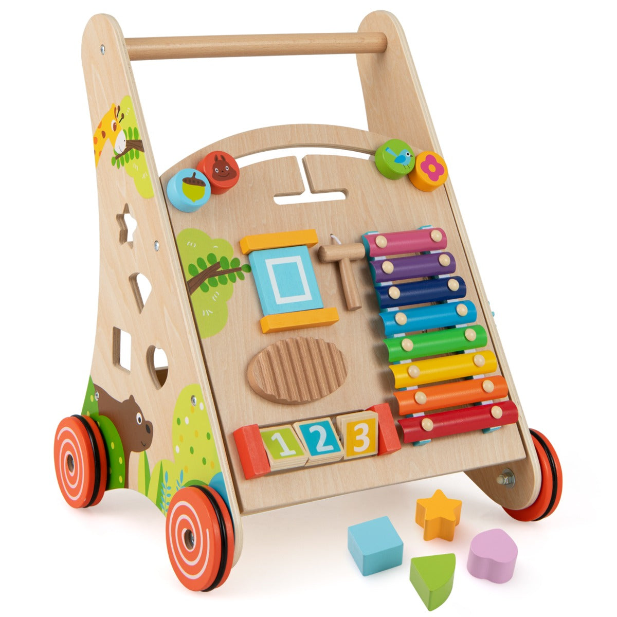 Andador Multicolor de Madeira para Crianças a Partir dos 3 Anos com Pega, Armazenamento e Rodas 35 x 31 x 44 cm