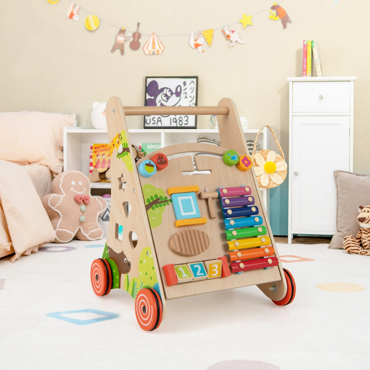 Andador Multicolor de Madeira para Crianças a Partir dos 3 Anos com Pega, Armazenamento e Rodas 35 x 31 x 44 cm
