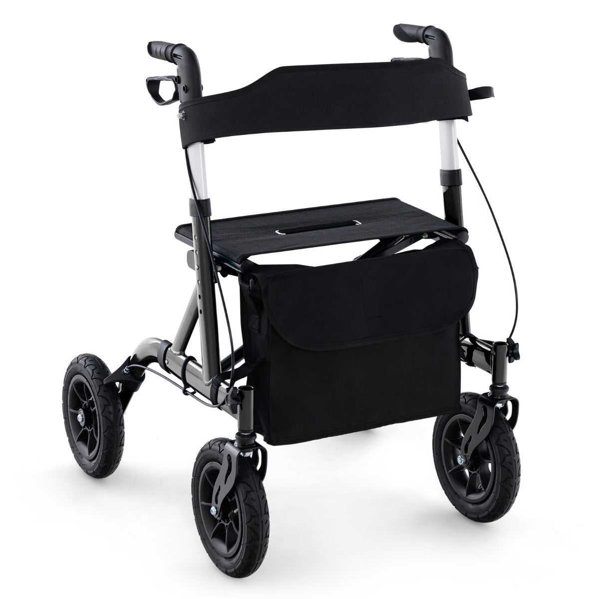 Andador Dobrável para Idosos com Assento Roda Pneumática Todo-o-Terreno de 24 cm Bolsa de Armazenamento Capacidade de Carga 160 kg Preto
